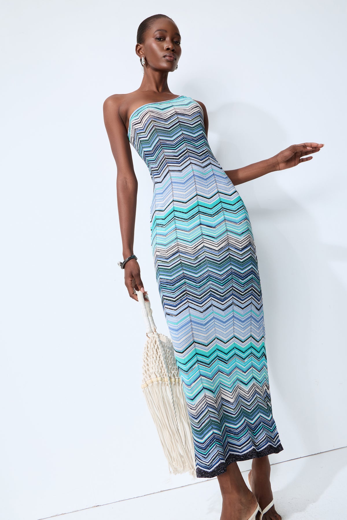 Chasing Paradise Blue Chevron One Shoulder Maxi Dress