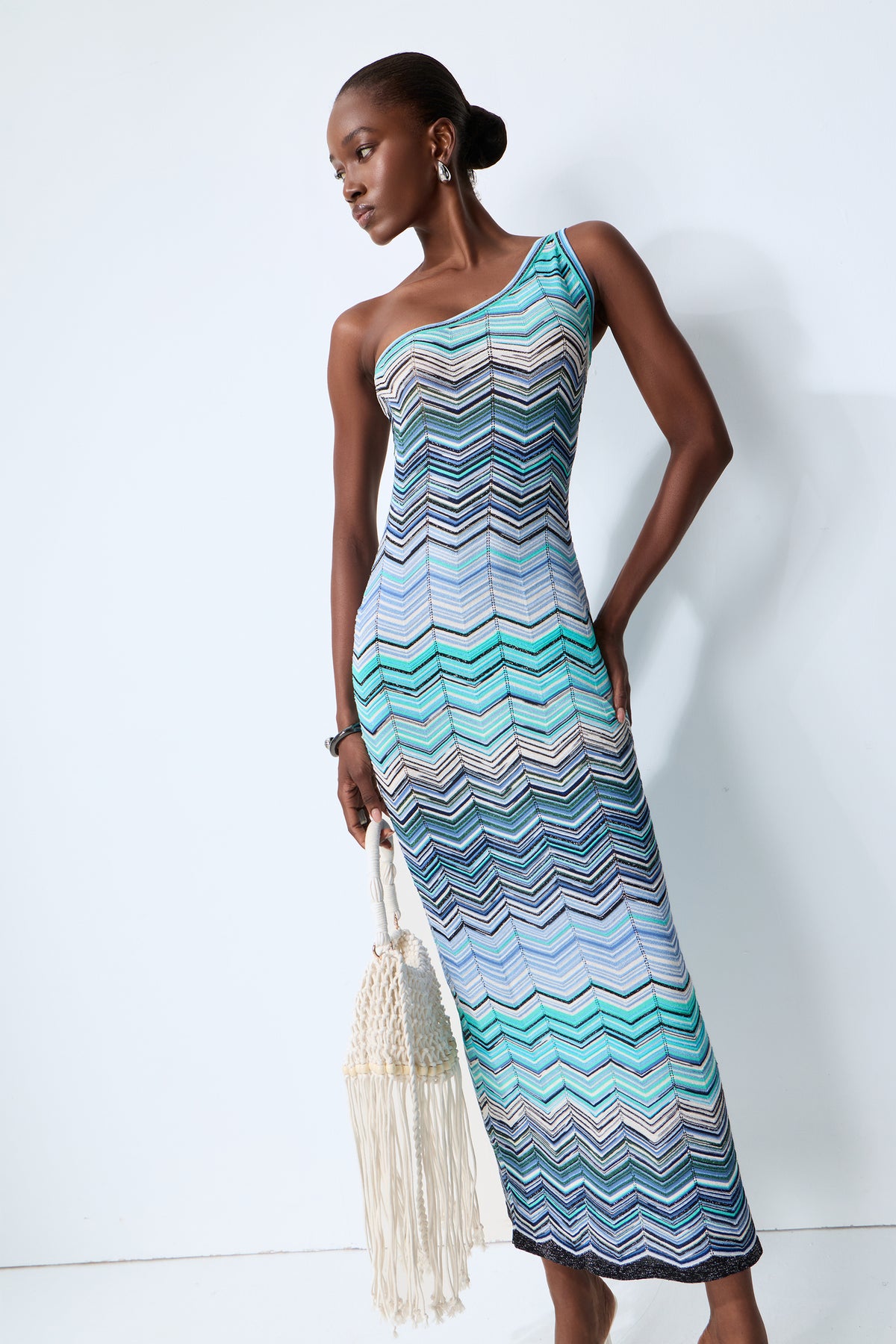 Chasing Paradise Blue Chevron One Shoulder Maxi Dress