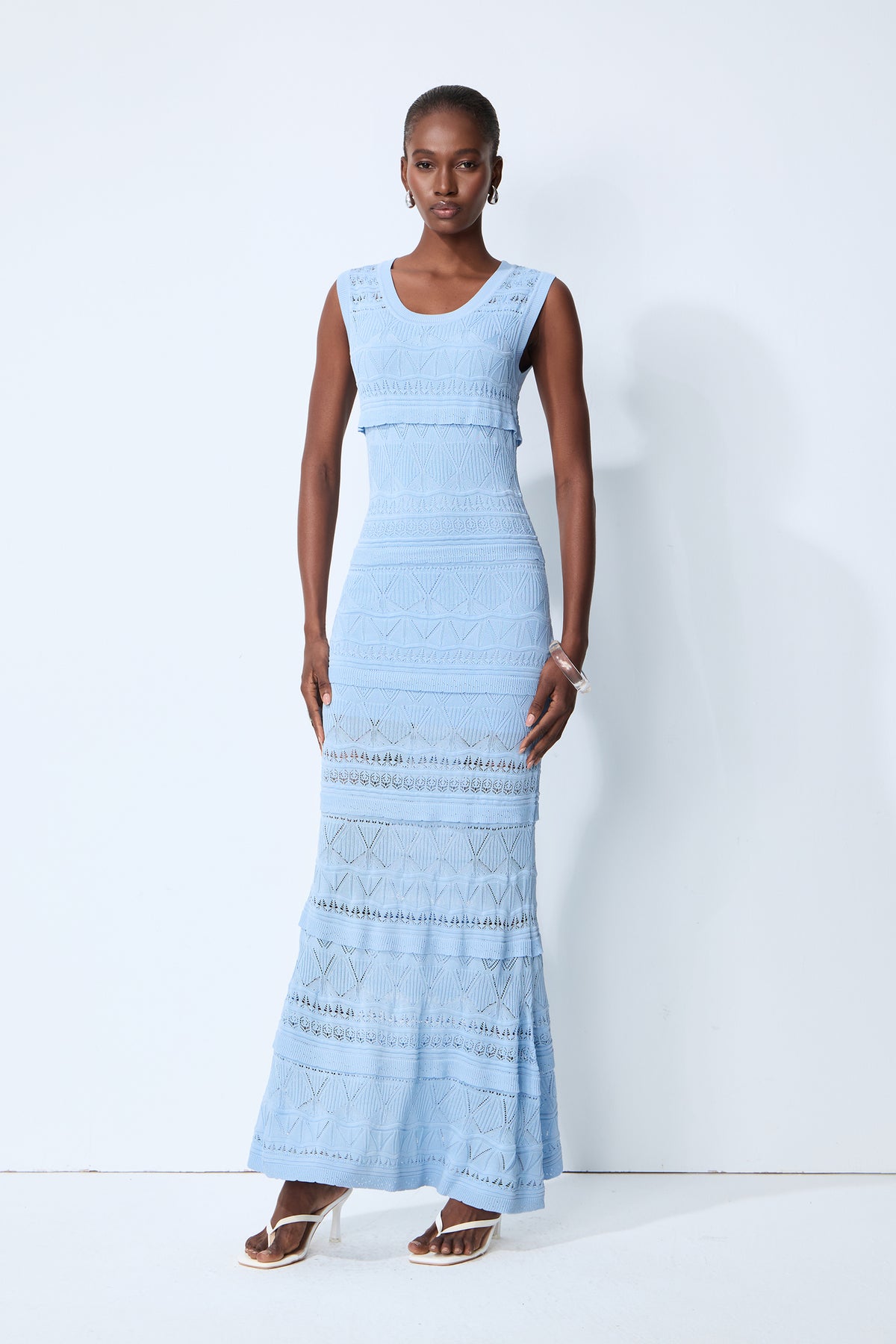 Slow Summer Blue Sleeveless Tiered Knit Maxi Dress