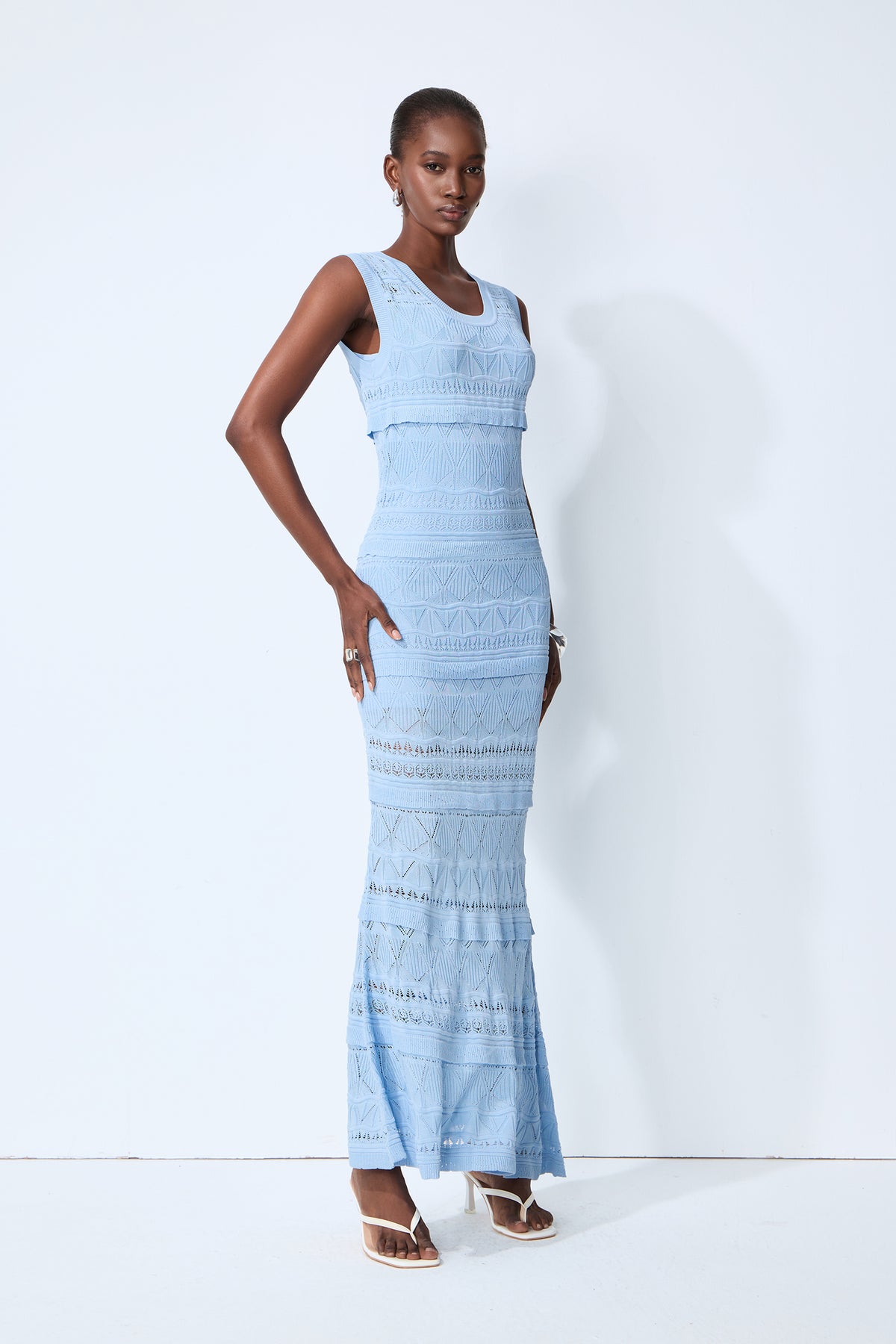 Slow Summer Blue Sleeveless Tiered Knit Maxi Dress