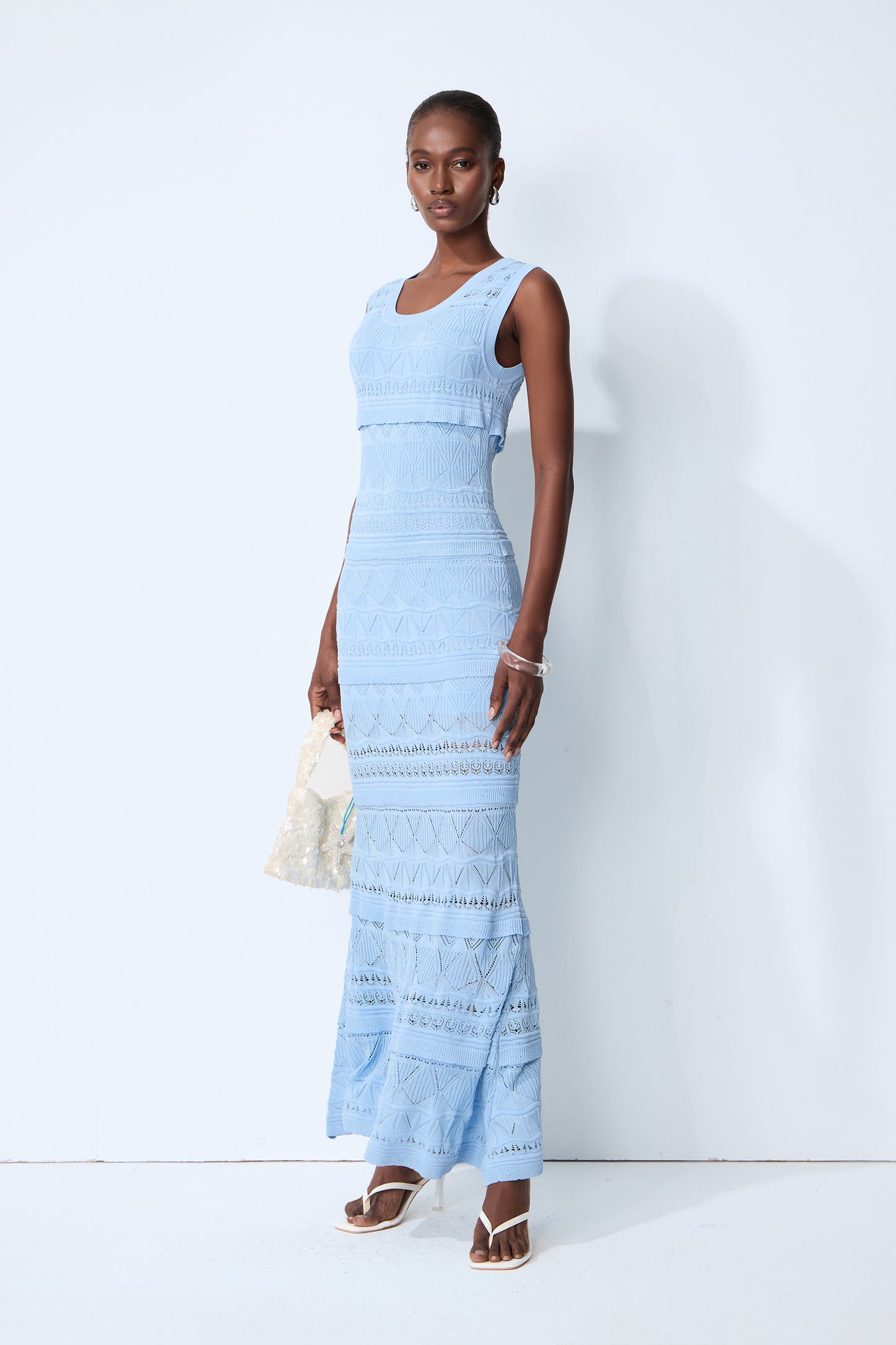 Slow Summer Blue Sleeveless Tiered Knit Maxi Dress