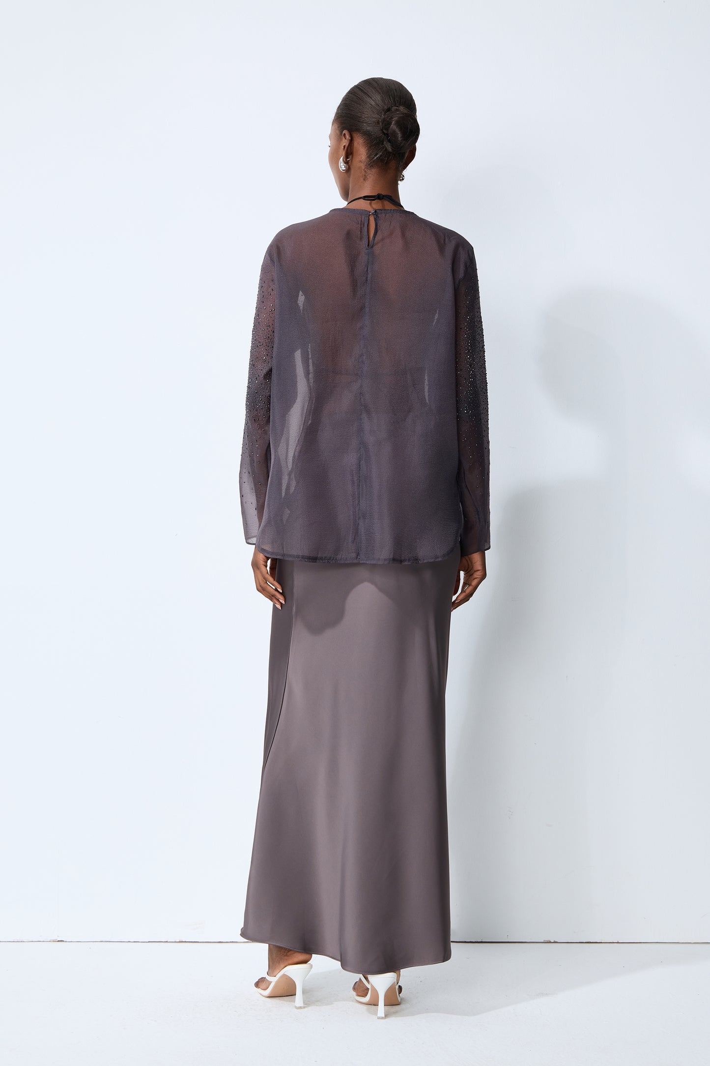 Shine Moment Grey Sheer Rhinestone Embellished Blouse