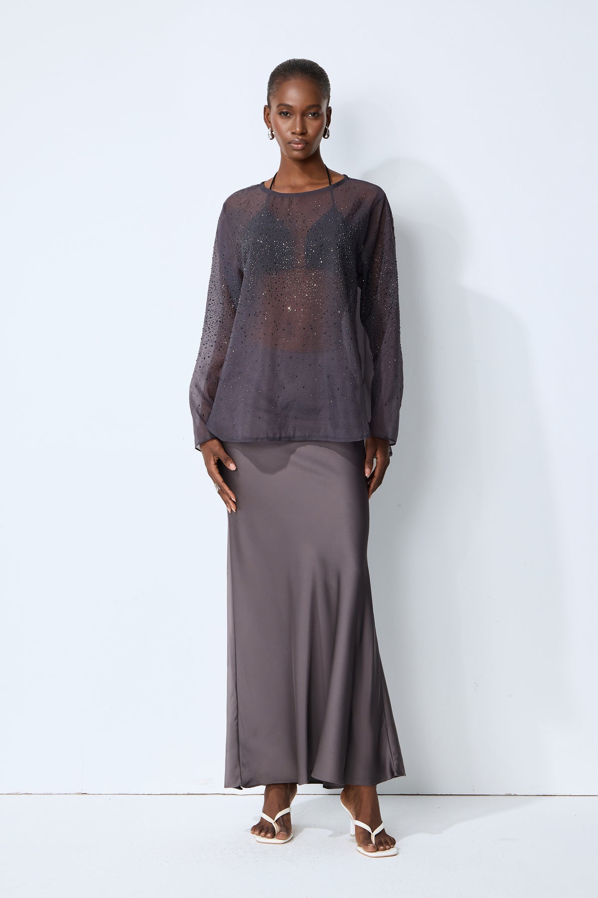 Shine Moment Grey Sheer Rhinestone Embellished Blouse