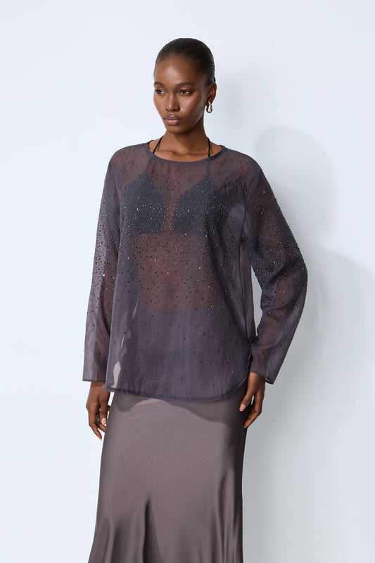 Shine Moment Grey Sheer Rhinestone Embellished Blouse