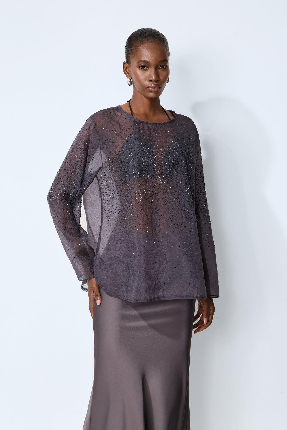Shine Moment Grey Sheer Rhinestone Embellished Blouse