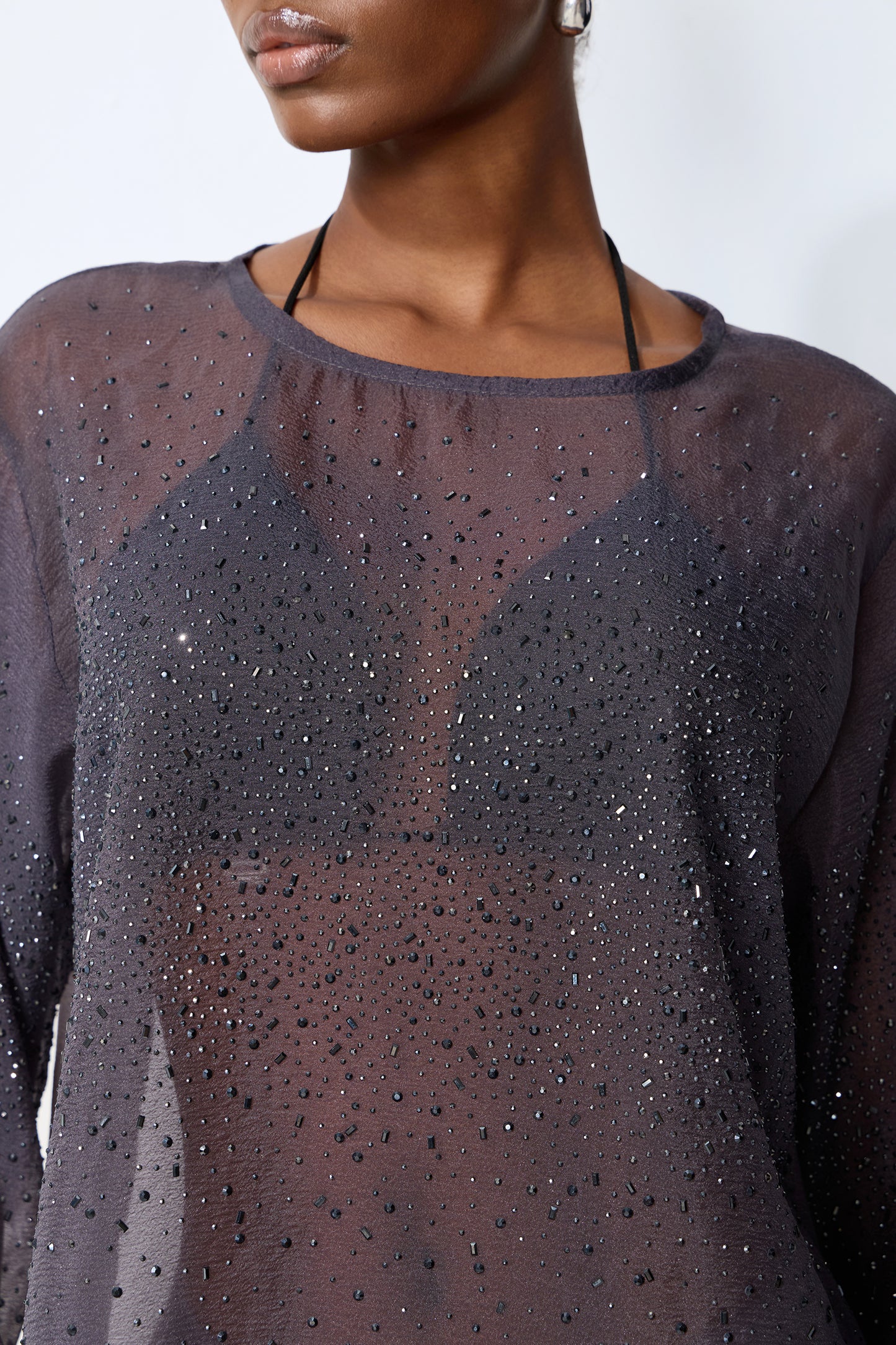 Shine Moment Grey Sheer Rhinestone Embellished Blouse