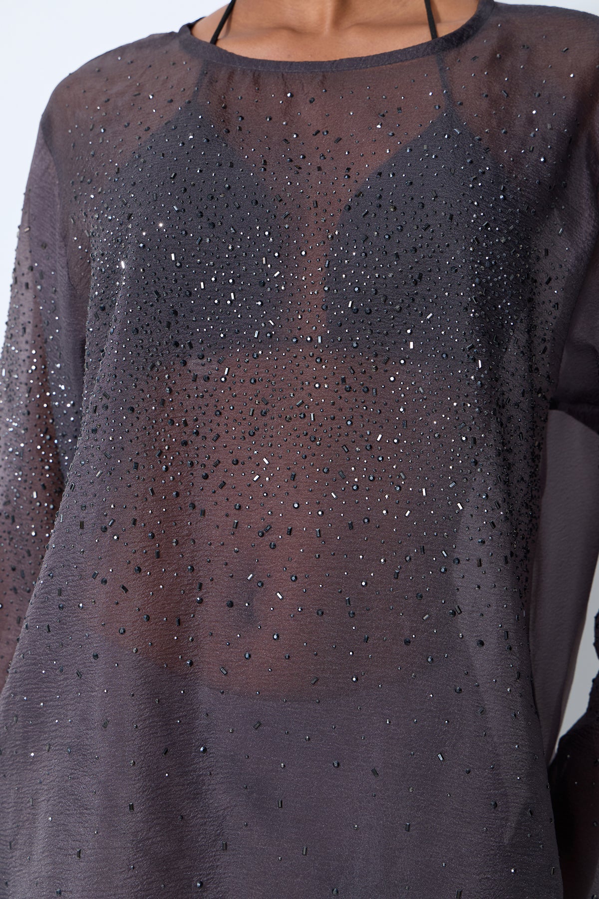Shine Moment Grey Sheer Rhinestone Embellished Blouse