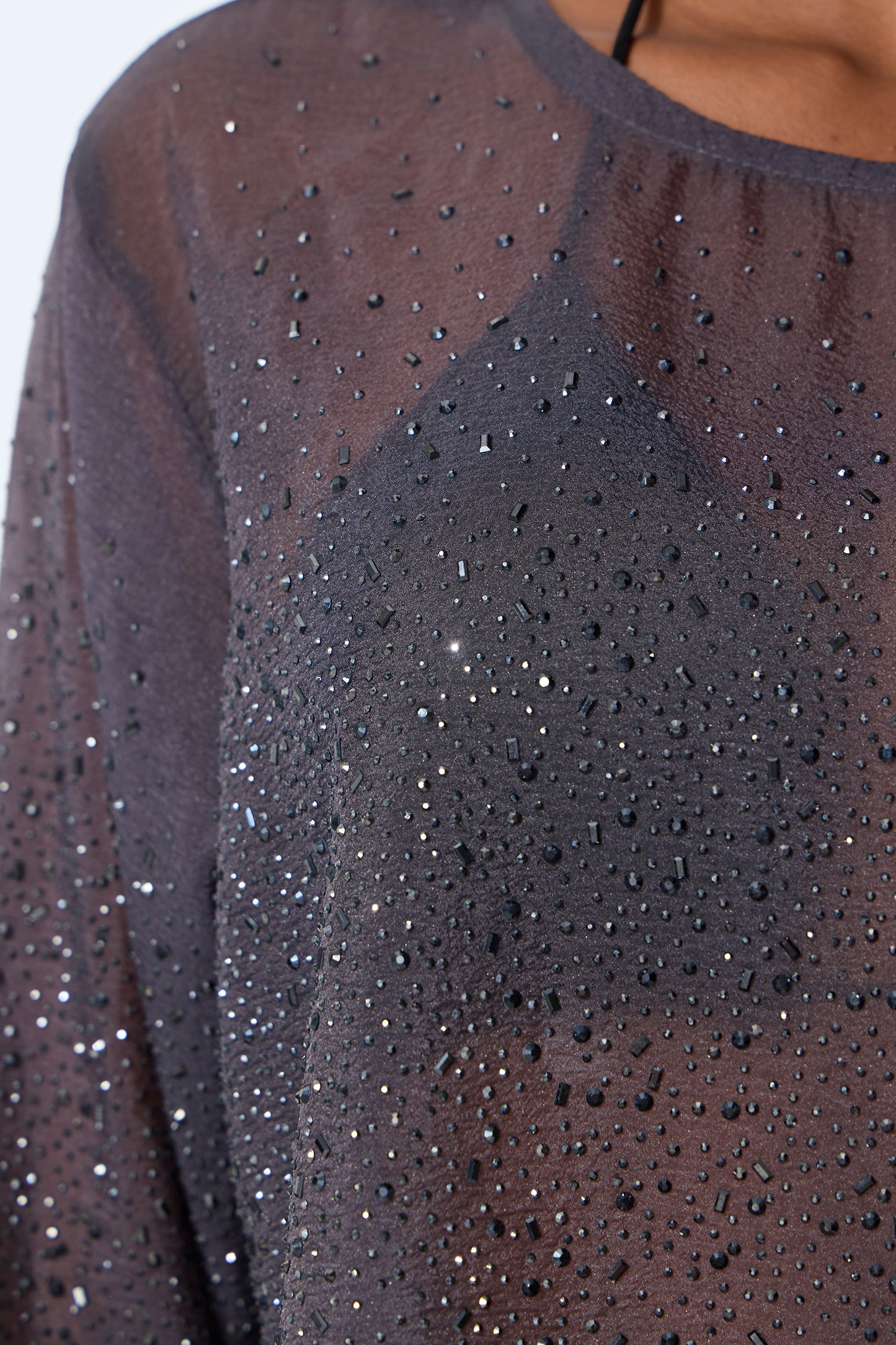 Shine Moment Grey Sheer Rhinestone Embellished Blouse