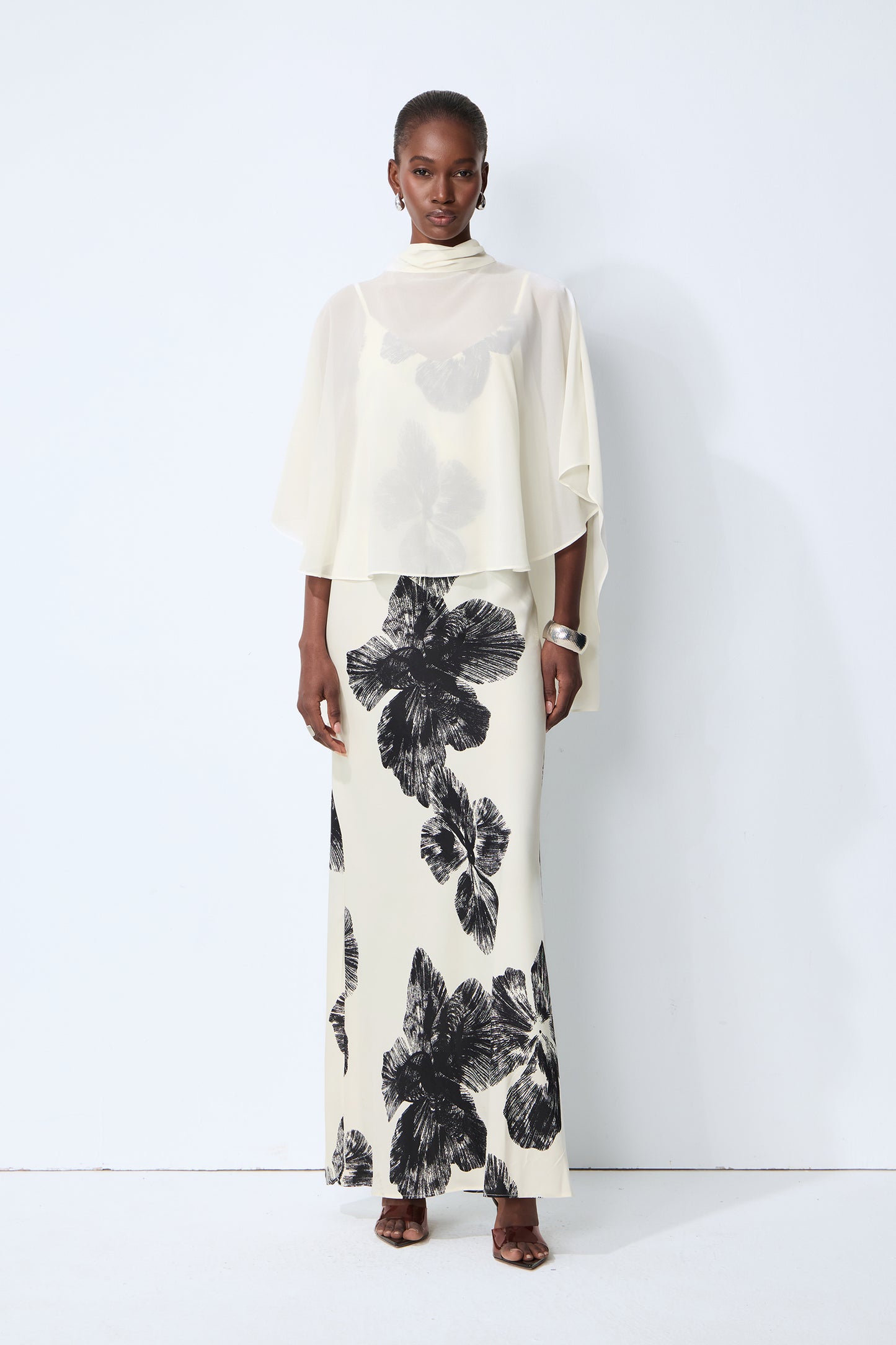 Classic Bloom White Sheer Blouse & Floral Print Dress Set
