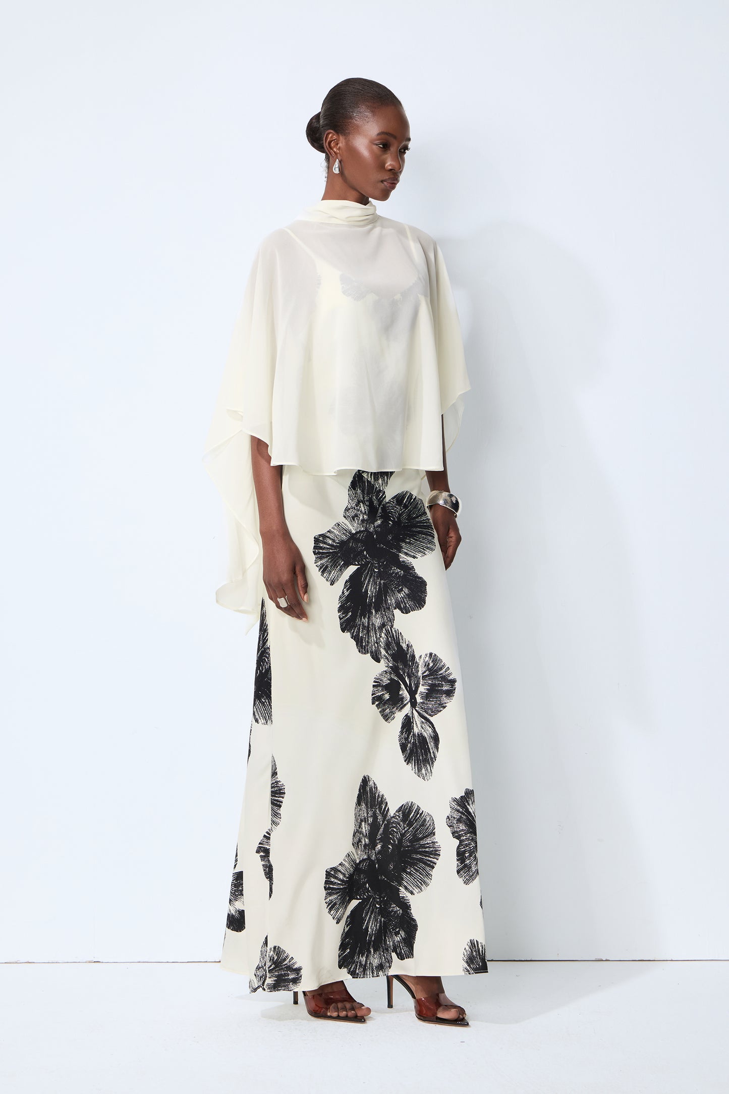 Classic Bloom White Sheer Blouse & Floral Print Dress Set