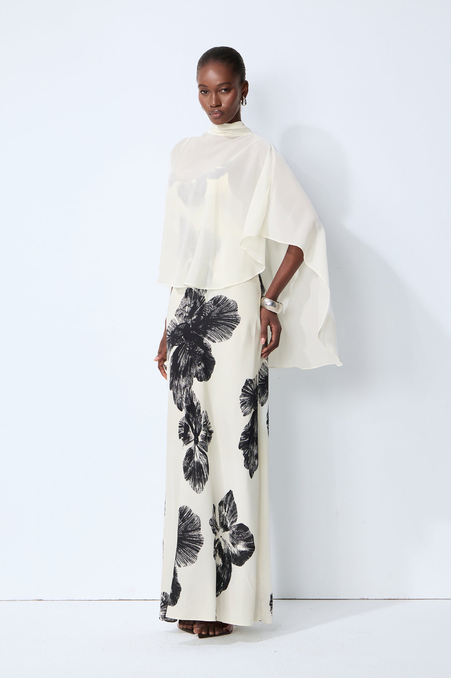 Classic Bloom White Sheer Blouse & Floral Print Dress Set