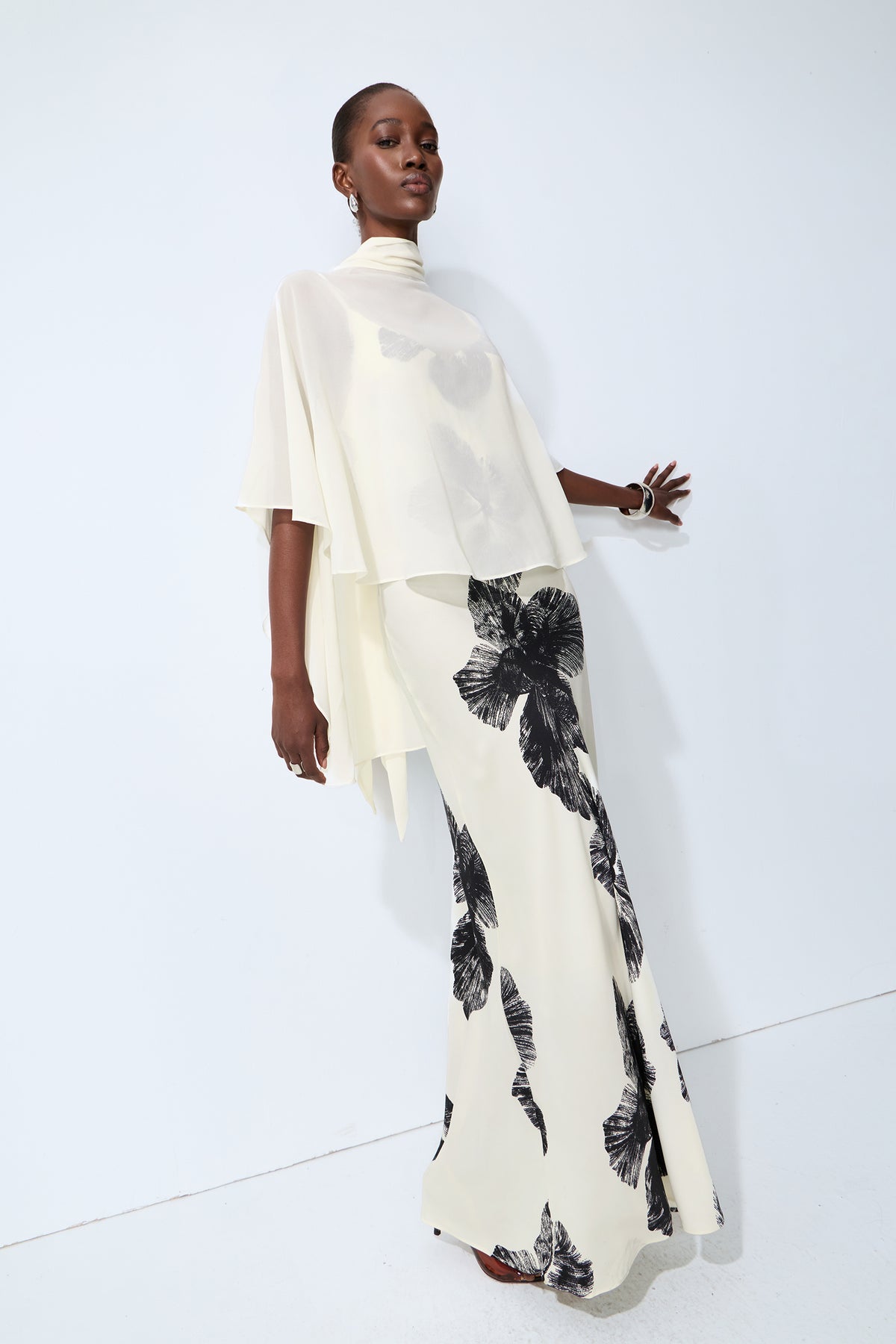 Classic Bloom White Sheer Blouse & Floral Print Dress Set