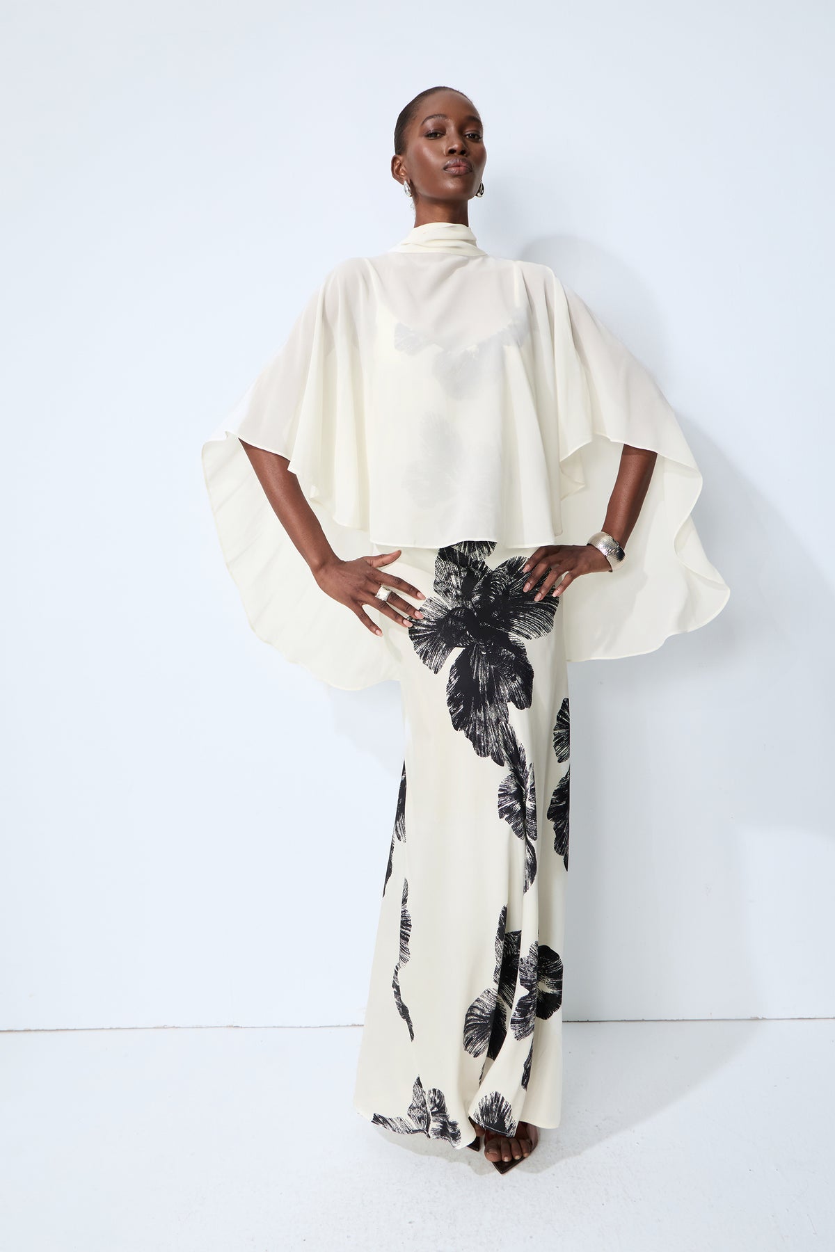 Classic Bloom White Sheer Blouse & Floral Print Dress Set