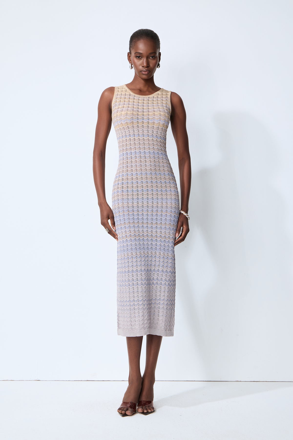 Sweetest Feeling Blue Sleeveless Chevron Knit Midi Dress