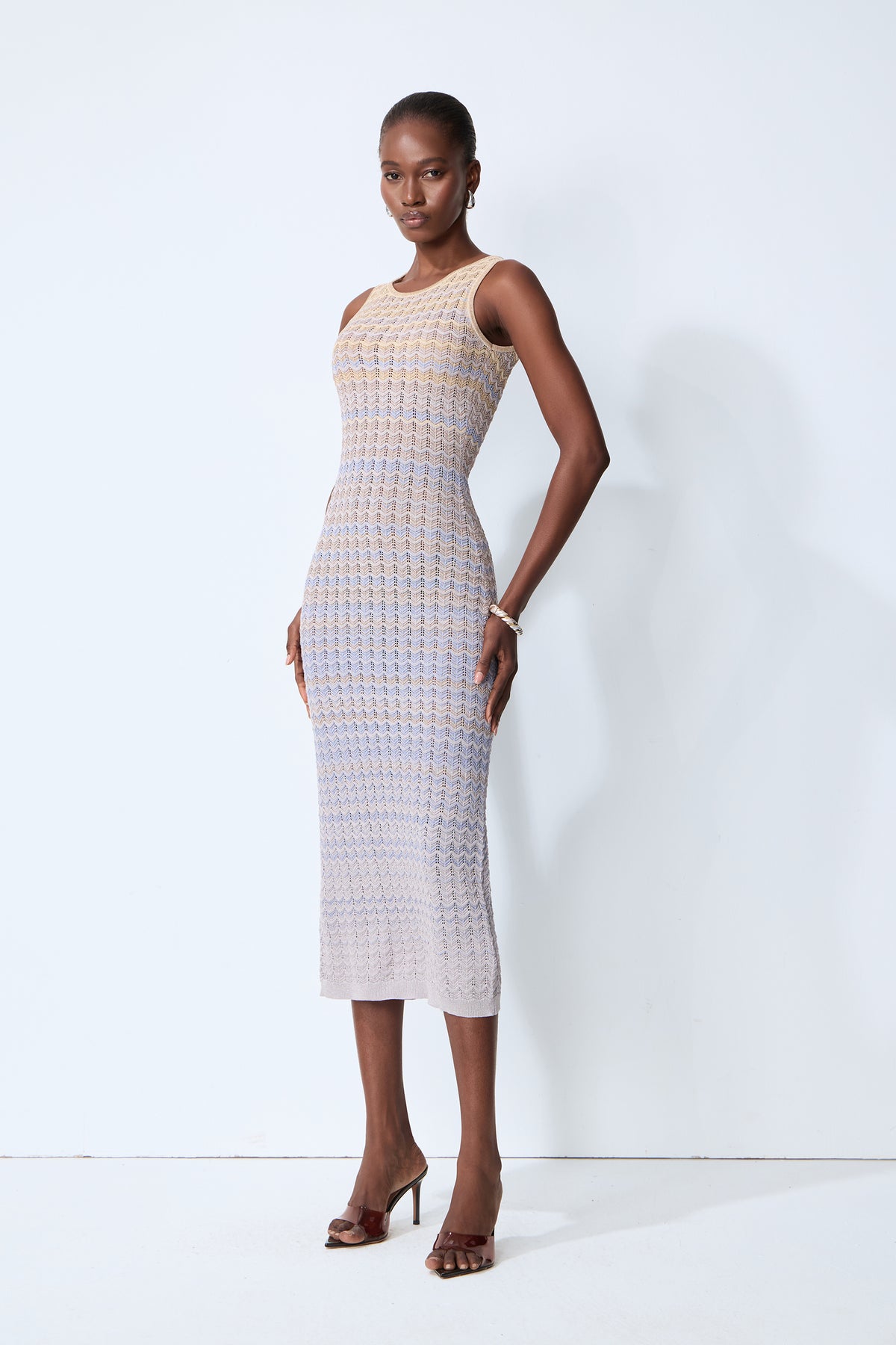 Sweetest Feeling Blue Sleeveless Chevron Knit Midi Dress