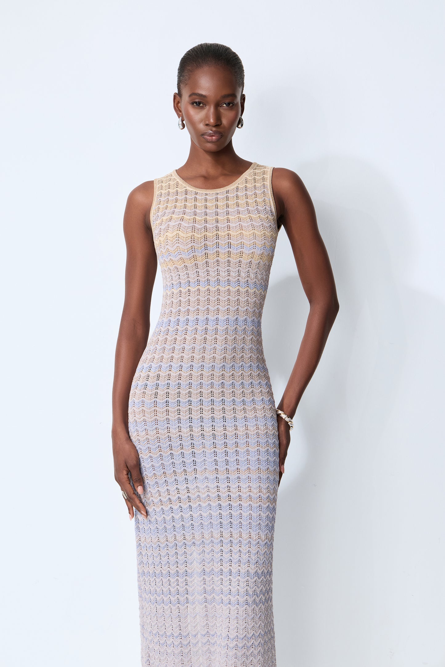 Sweetest Feeling Blue Sleeveless Chevron Knit Midi Dress