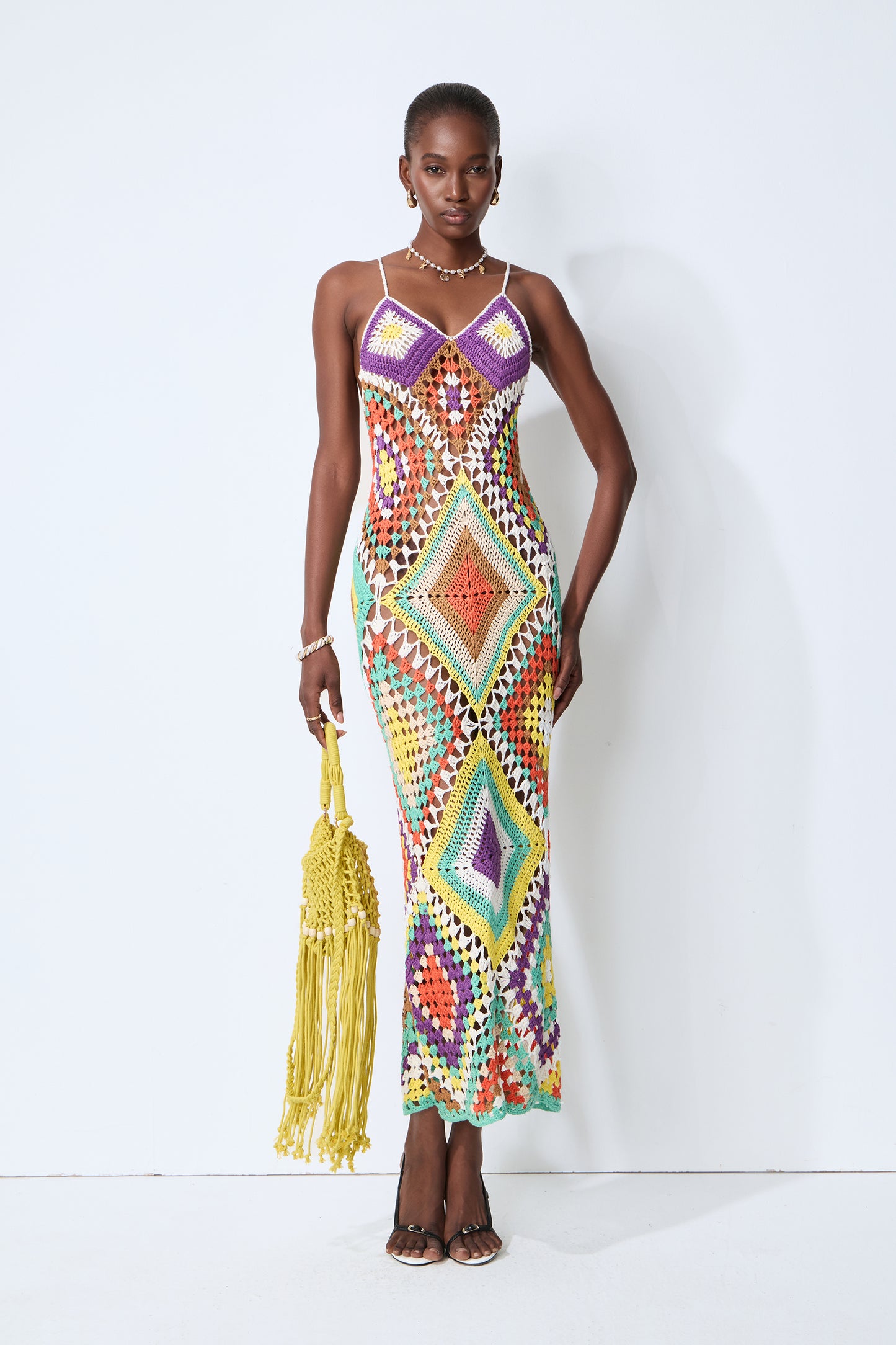 Sunkissed Shores Multi Crochet Geometric Spaghetti Strap Maxi Dress