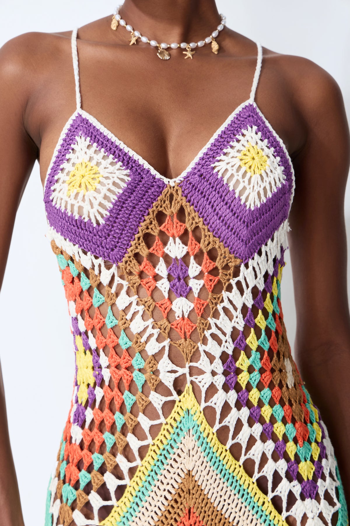 Sunkissed Shores Multi Crochet Geometric Spaghetti Strap Maxi Dress
