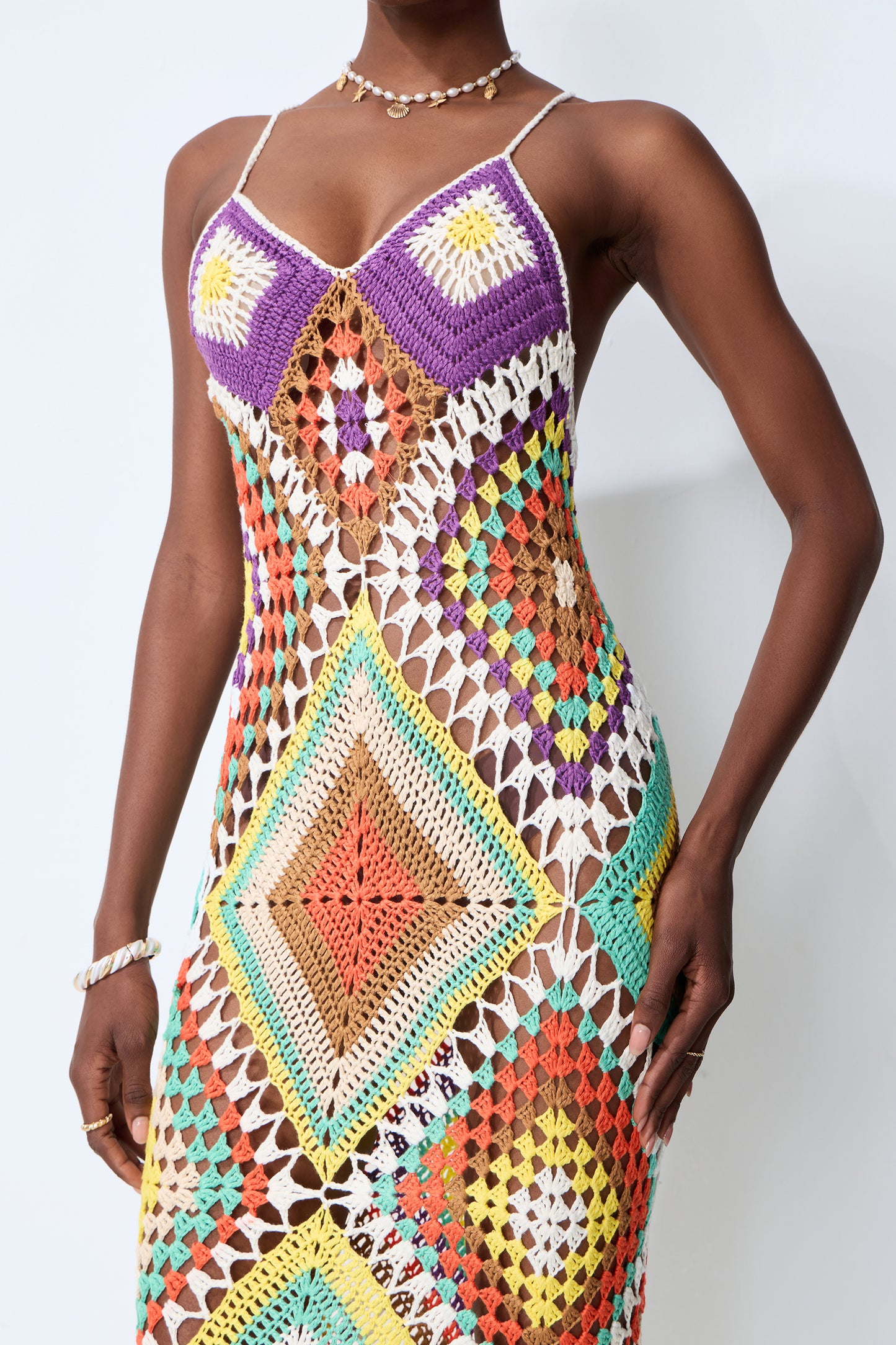 Sunkissed Shores Multi Crochet Geometric Spaghetti Strap Maxi Dress