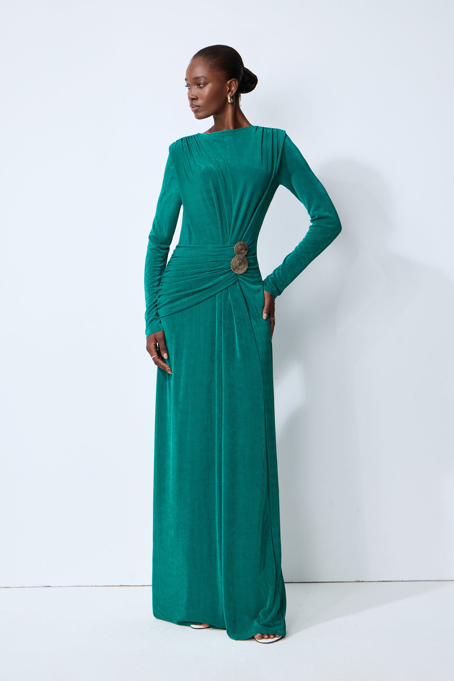 Serenade Me Green Long Sleeve Ruched Maxi Dress