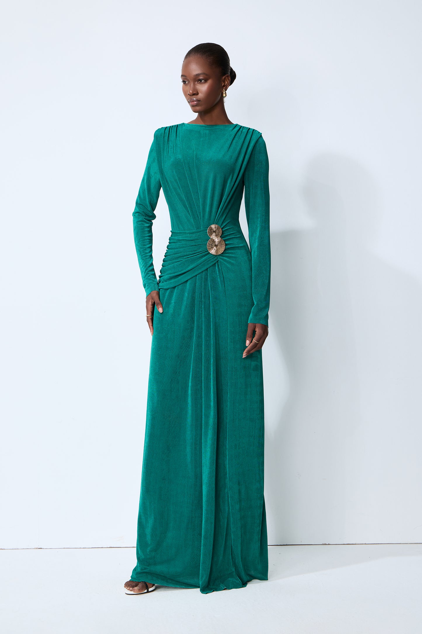 Serenade Me Green Long Sleeve Ruched Maxi Dress