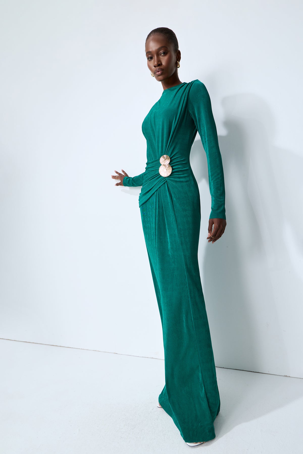 Serenade Me Green Long Sleeve Ruched Maxi Dress