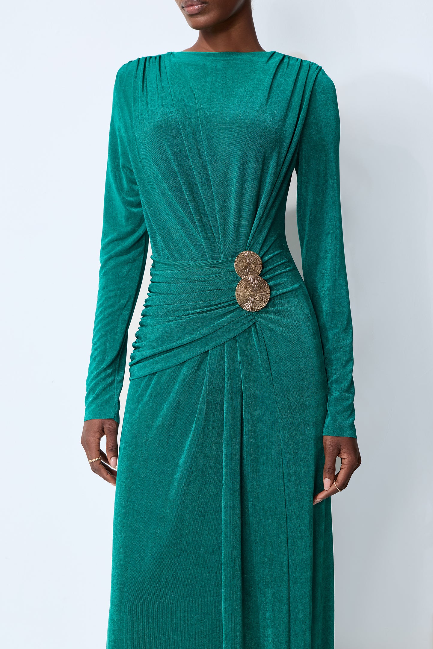 Serenade Me Green Long Sleeve Ruched Maxi Dress