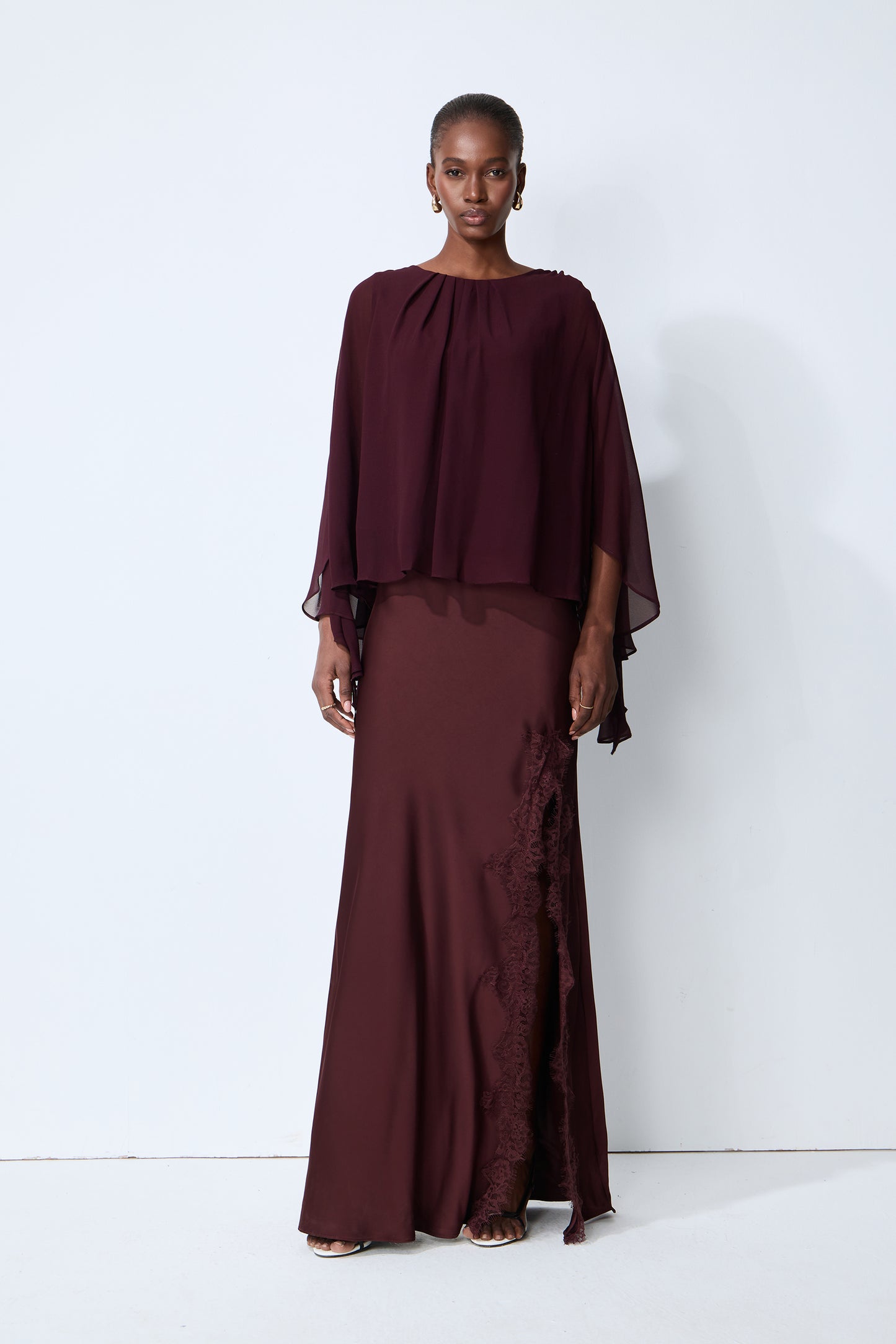 Going Out Tonight Burgundy Chiffon Cape Sleeve Blouse