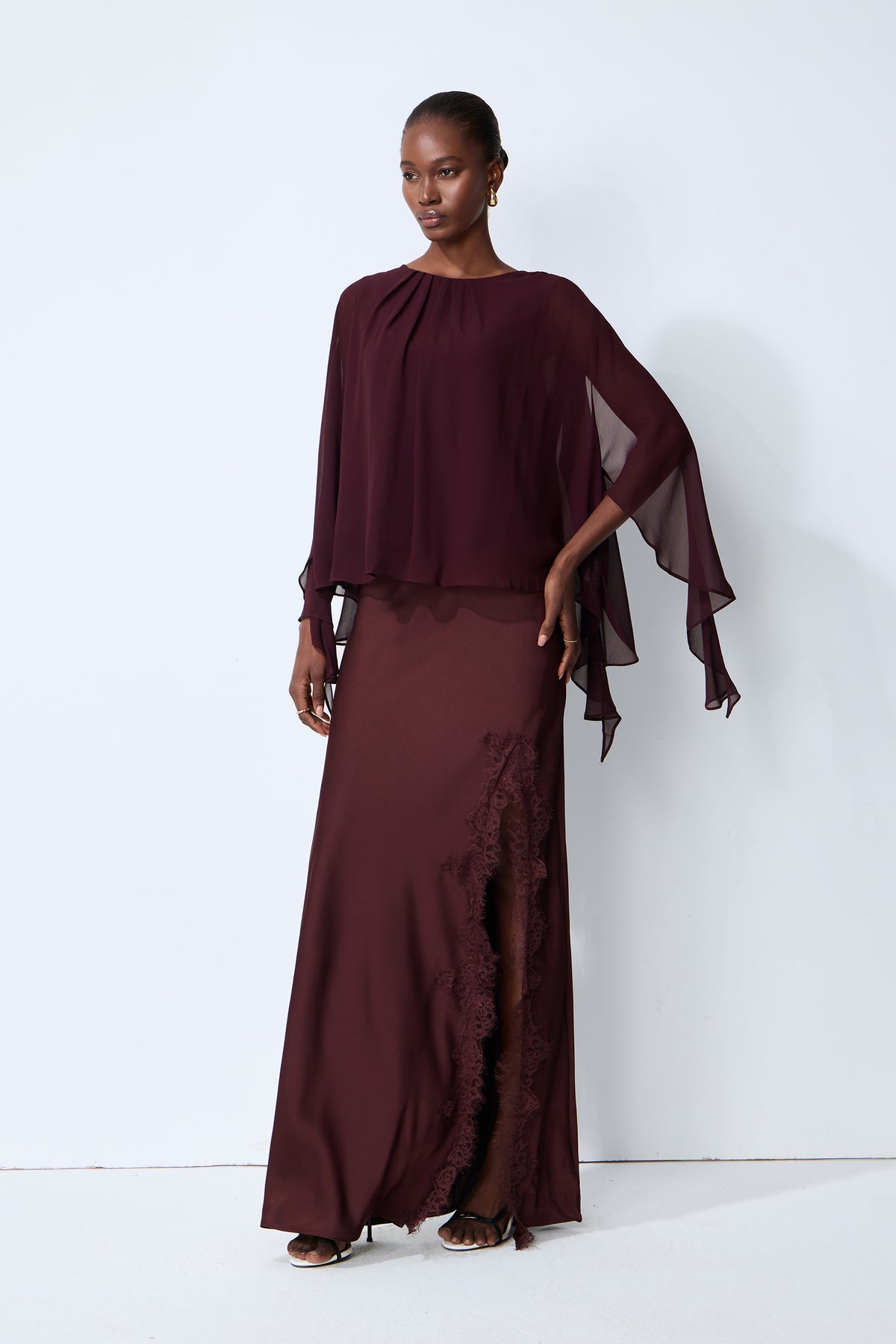 Going Out Tonight Burgundy Chiffon Cape Sleeve Blouse