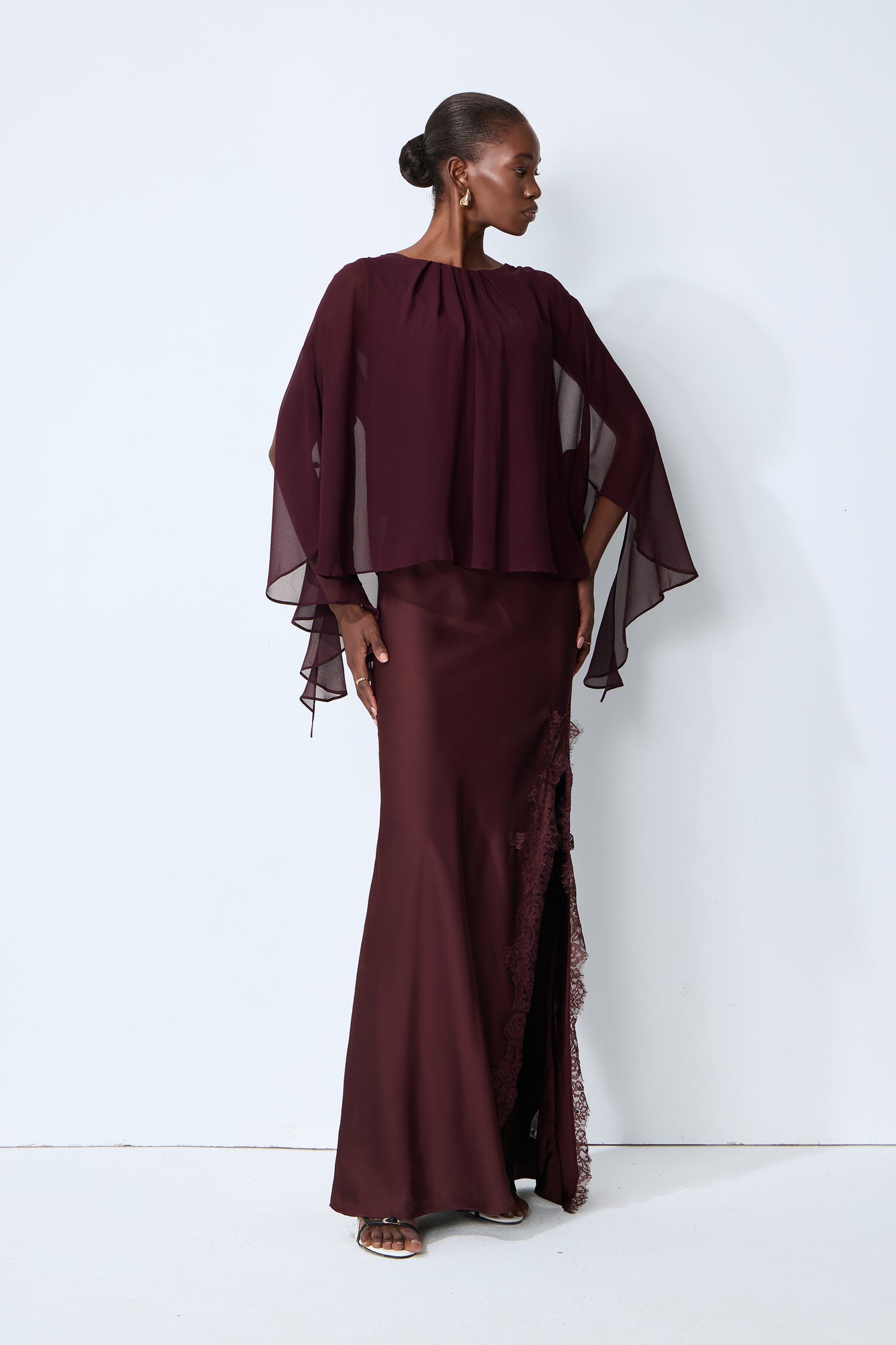 Going Out Tonight Burgundy Chiffon Cape Sleeve Blouse