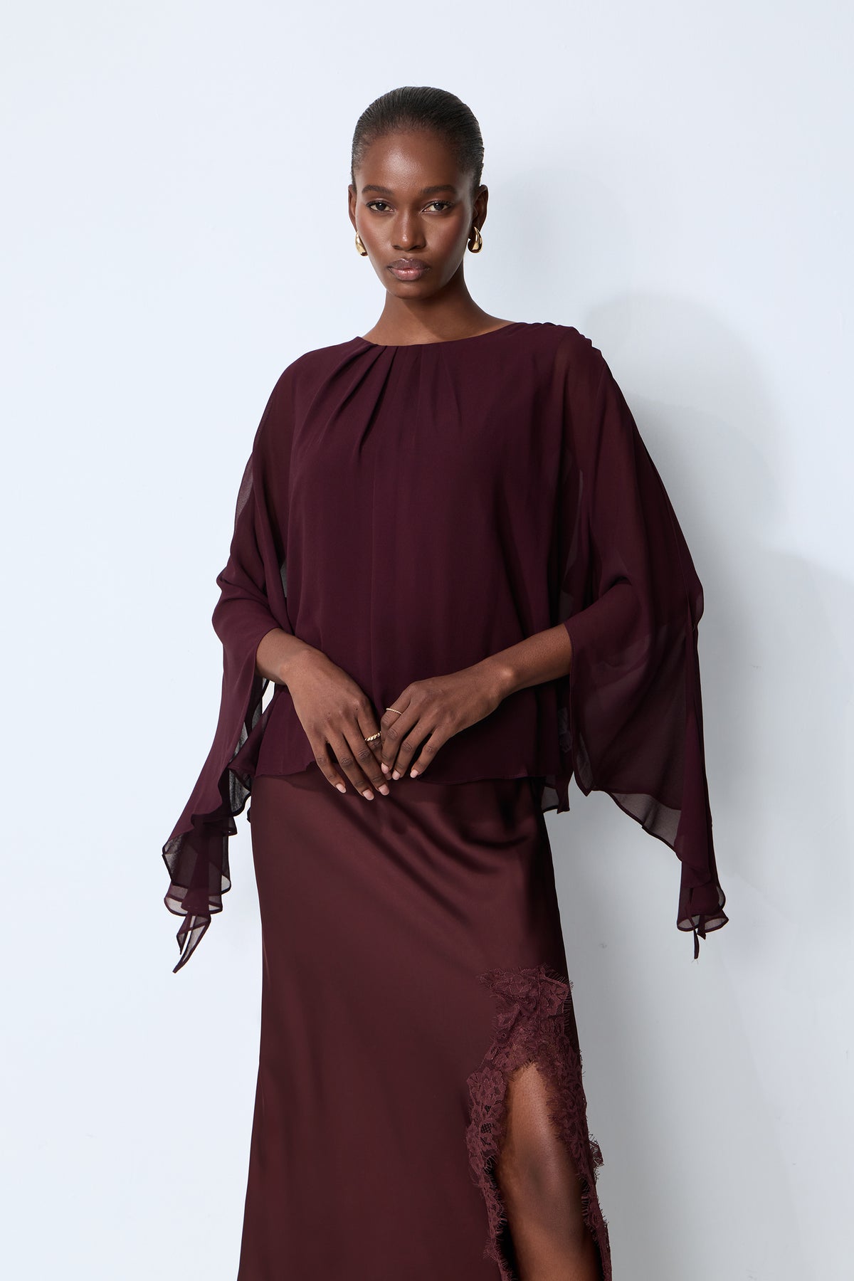 Going Out Tonight Burgundy Chiffon Cape Sleeve Blouse