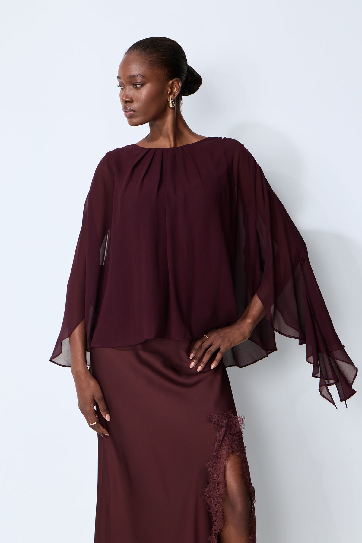 Going Out Tonight Burgundy Chiffon Cape Sleeve Blouse