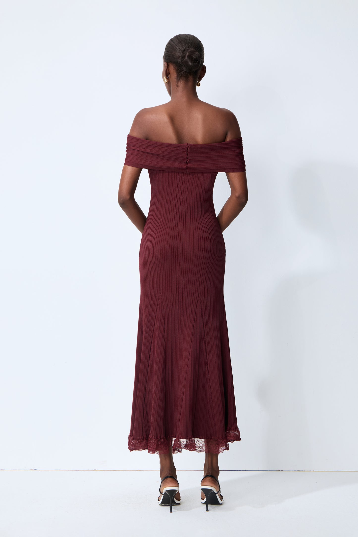 Magic Memory Burgundy Off Shoulder Lace Hem Knit Midi Dress