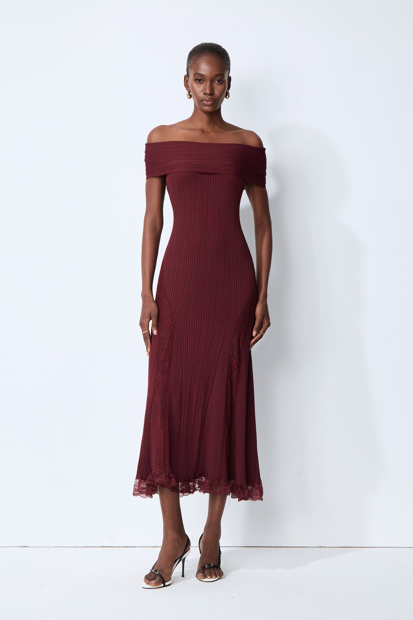 Magic Memory Burgundy Off Shoulder Lace Hem Knit Midi Dress
