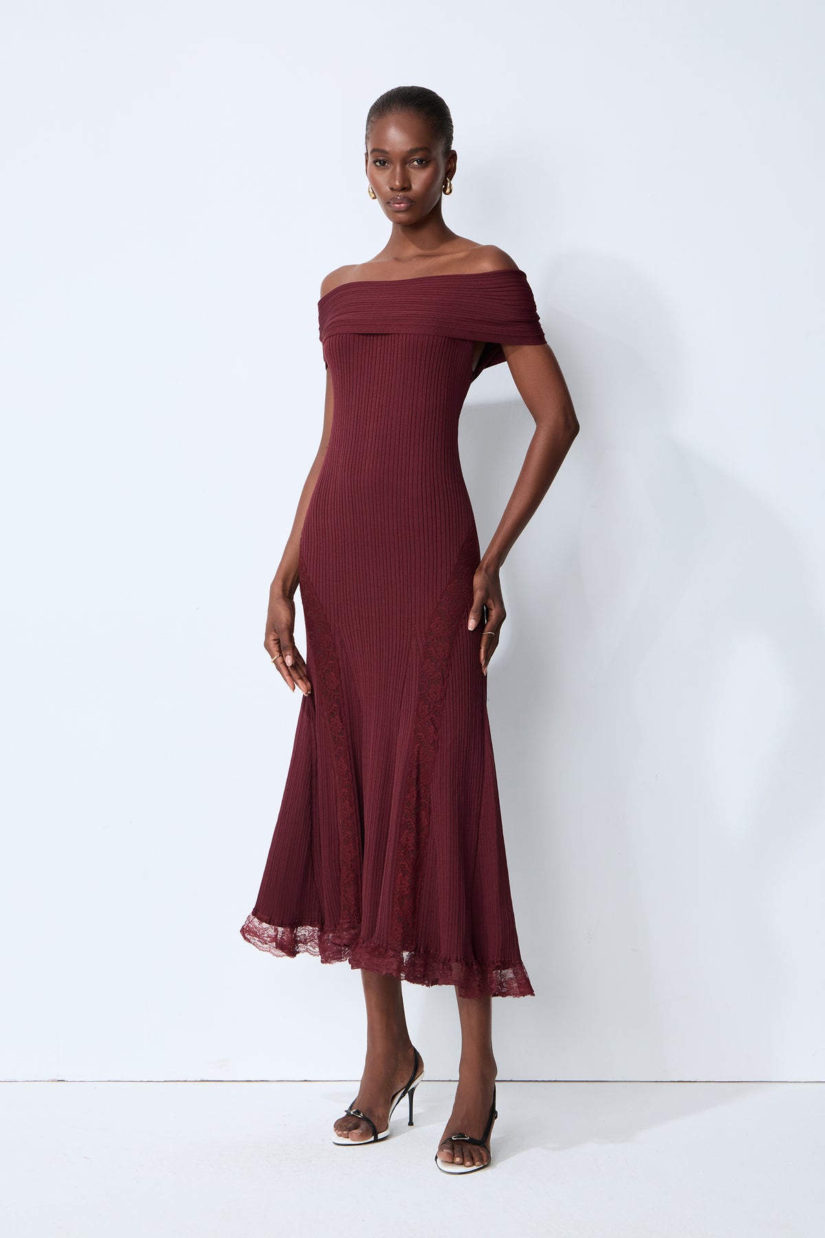 Magic Memory Burgundy Off Shoulder Lace Hem Knit Midi Dress