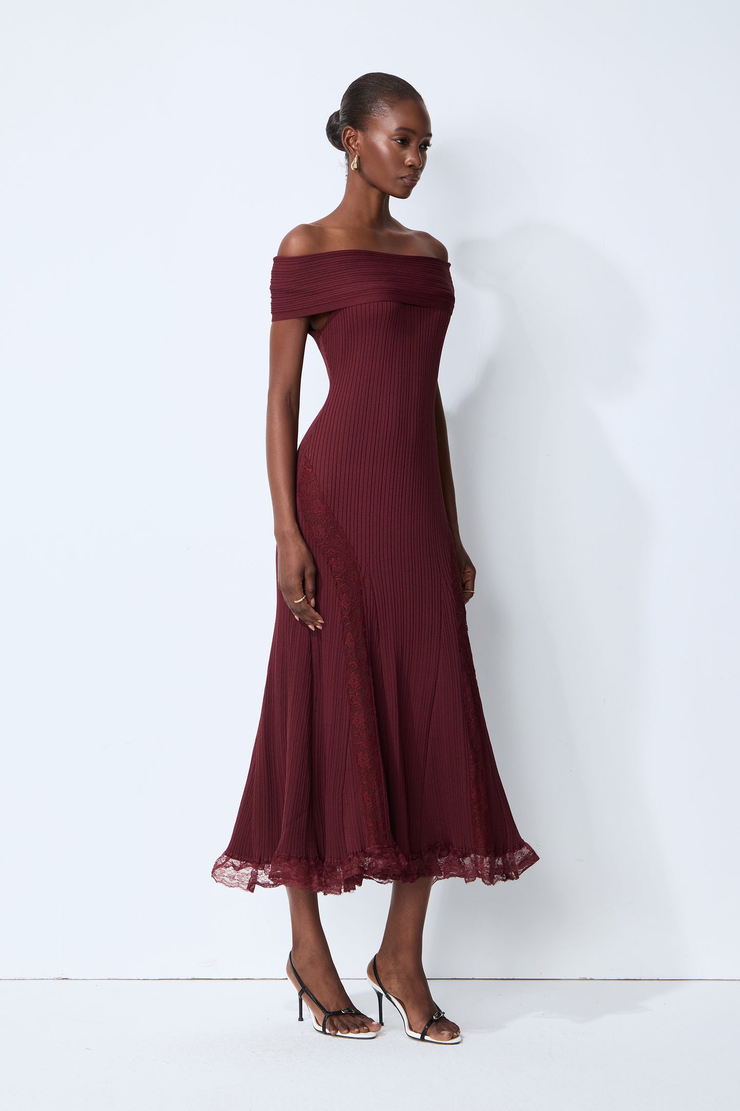 Magic Memory Burgundy Off Shoulder Lace Hem Knit Midi Dress