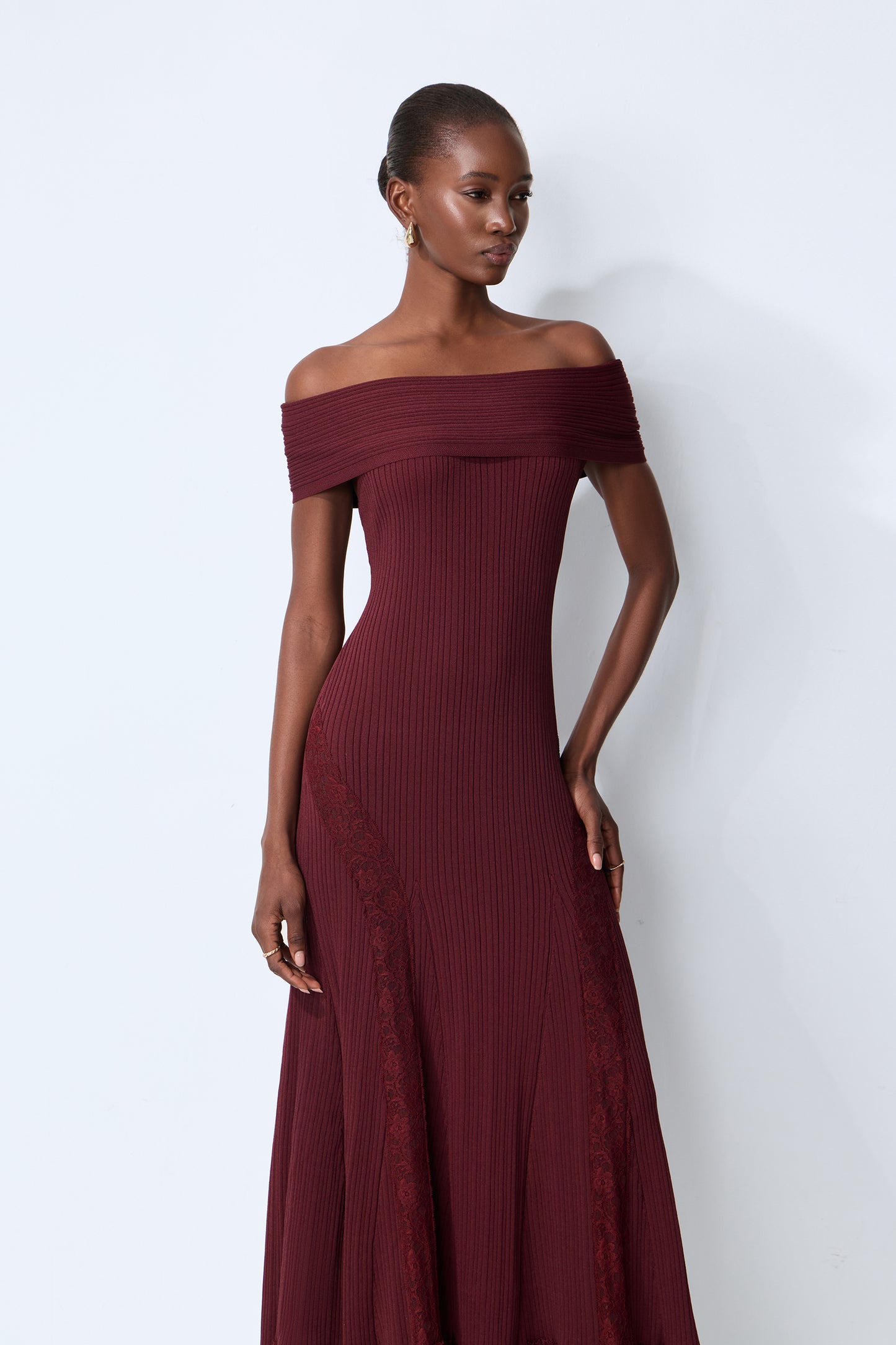 Magic Memory Burgundy Off Shoulder Lace Hem Knit Midi Dress