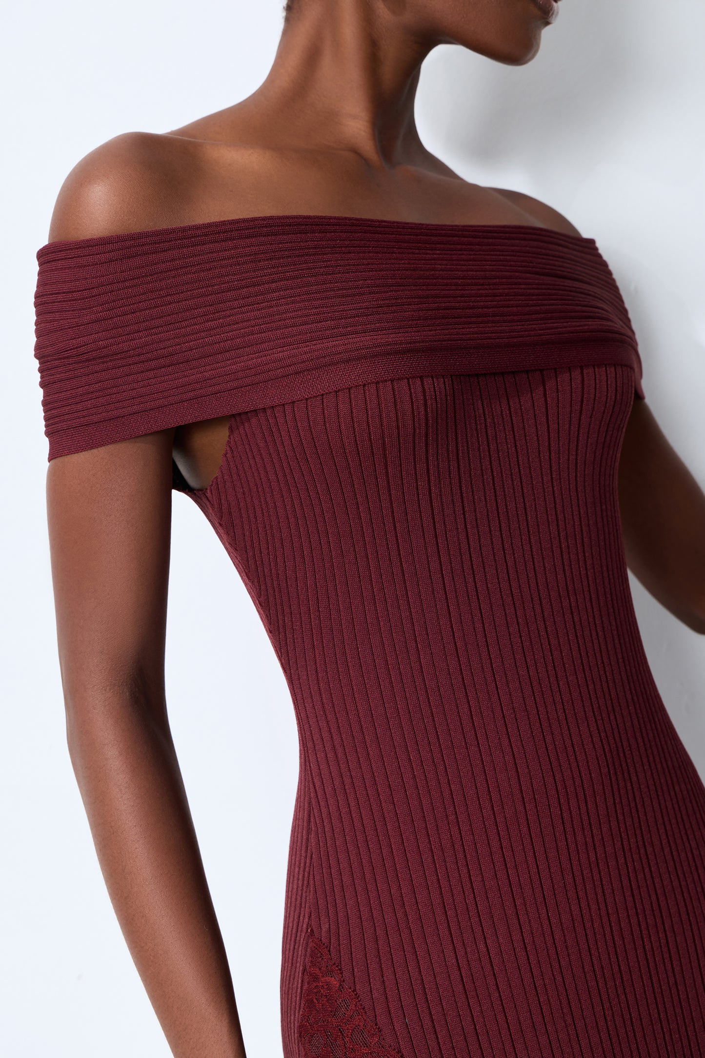 Magic Memory Burgundy Off Shoulder Lace Hem Knit Midi Dress