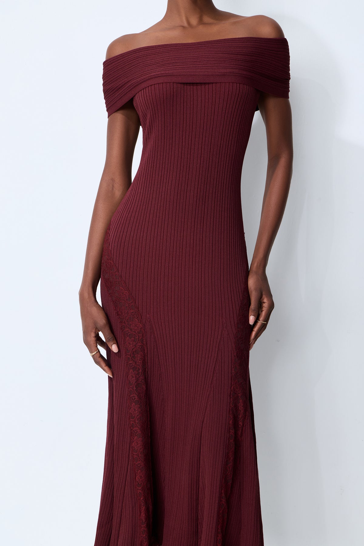 Magic Memory Burgundy Off Shoulder Lace Hem Knit Midi Dress