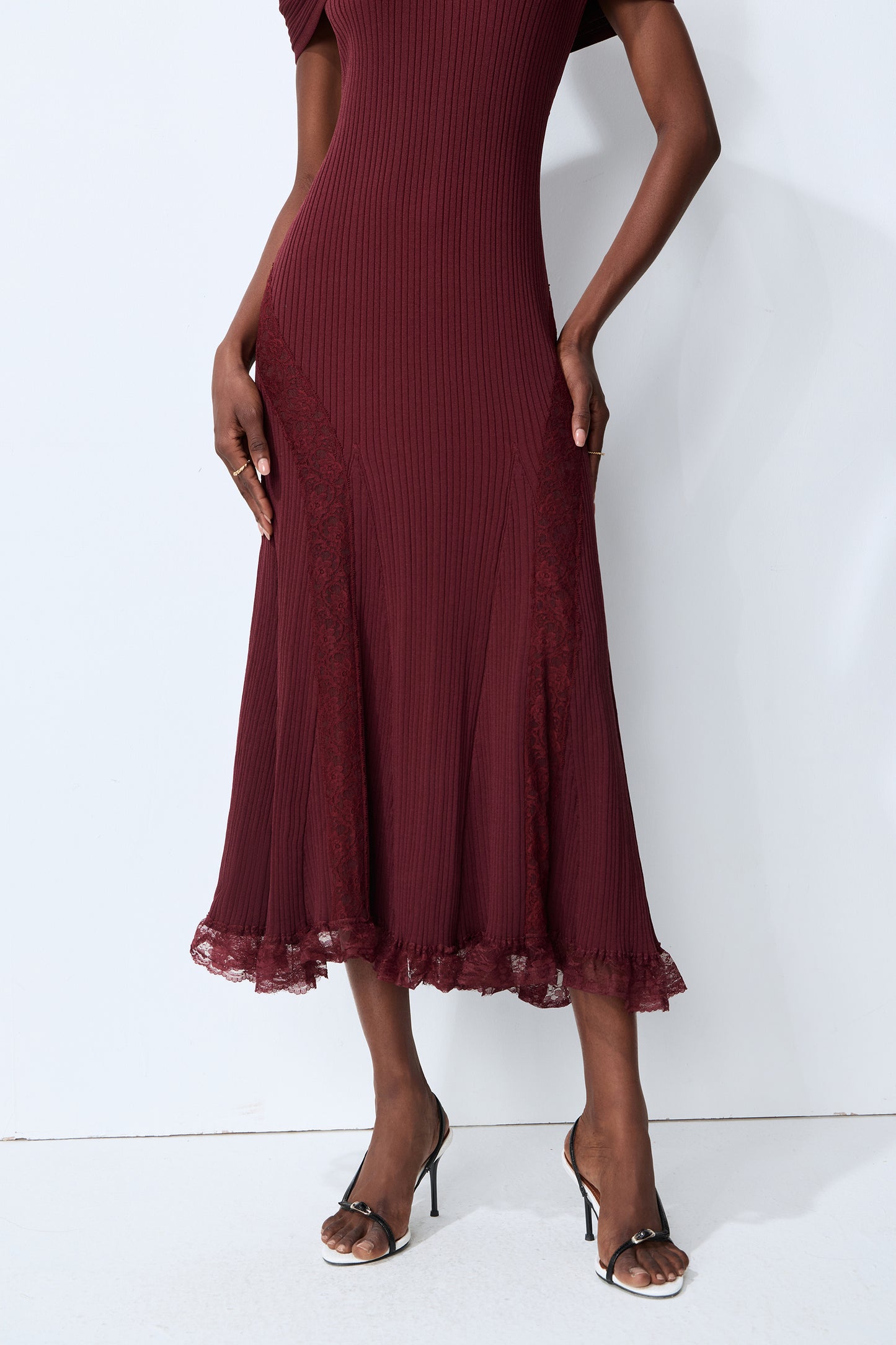 Magic Memory Burgundy Off Shoulder Lace Hem Knit Midi Dress
