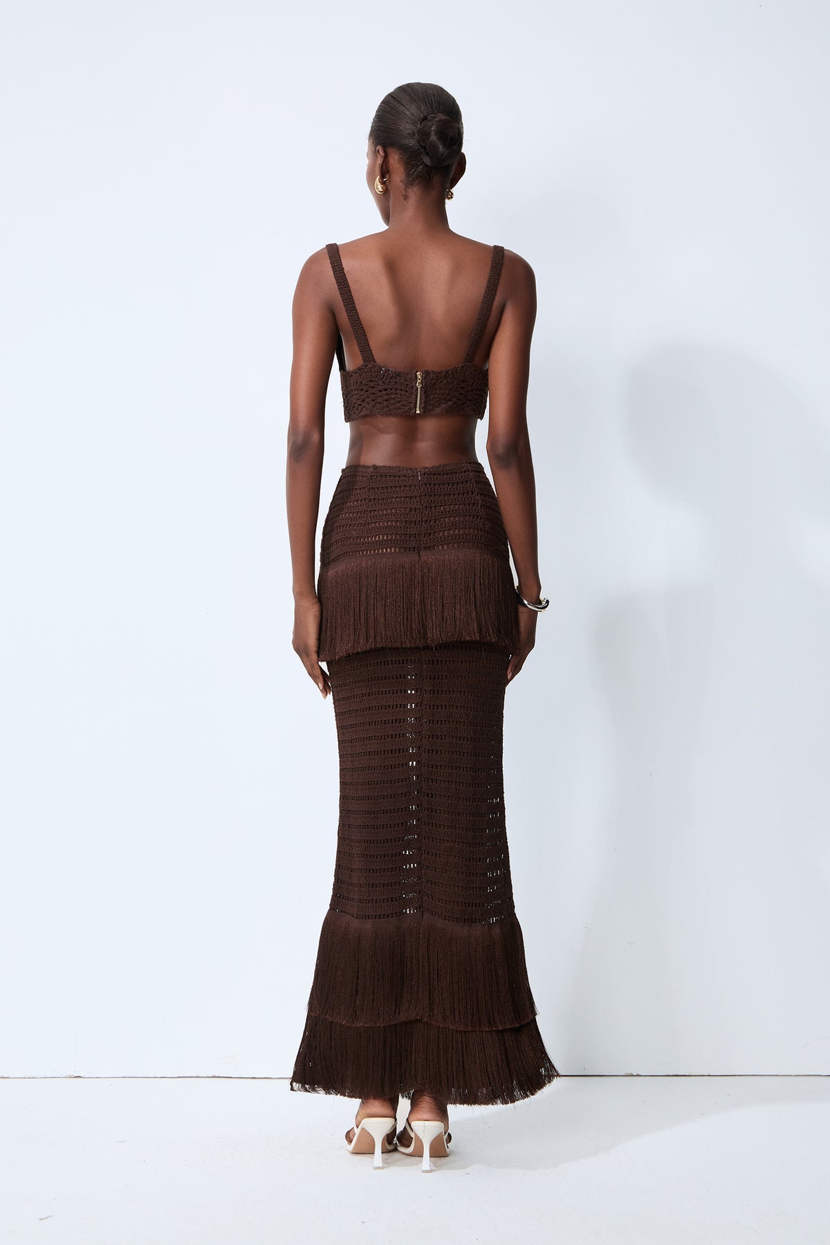 Sunlit Paradise Brown Crochet Knit Top & Fringe Skirt Set