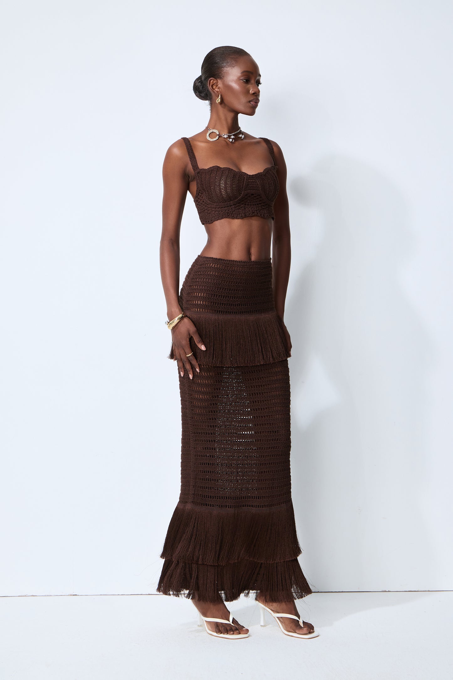 Sunlit Paradise Brown Crochet Knit Top & Fringe Skirt Set