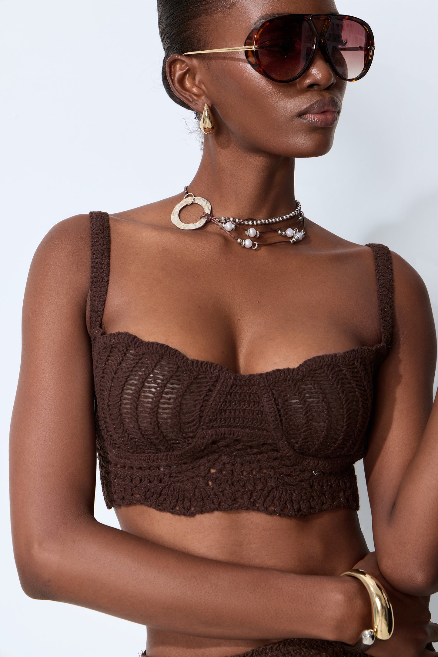Sunlit Paradise Brown Crochet Knit Top & Fringe Skirt Set