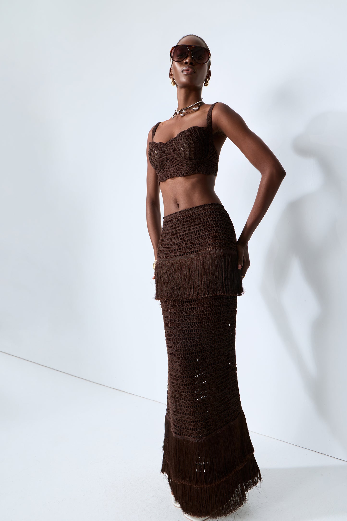 Sunlit Paradise Brown Crochet Knit Top & Fringe Skirt Set