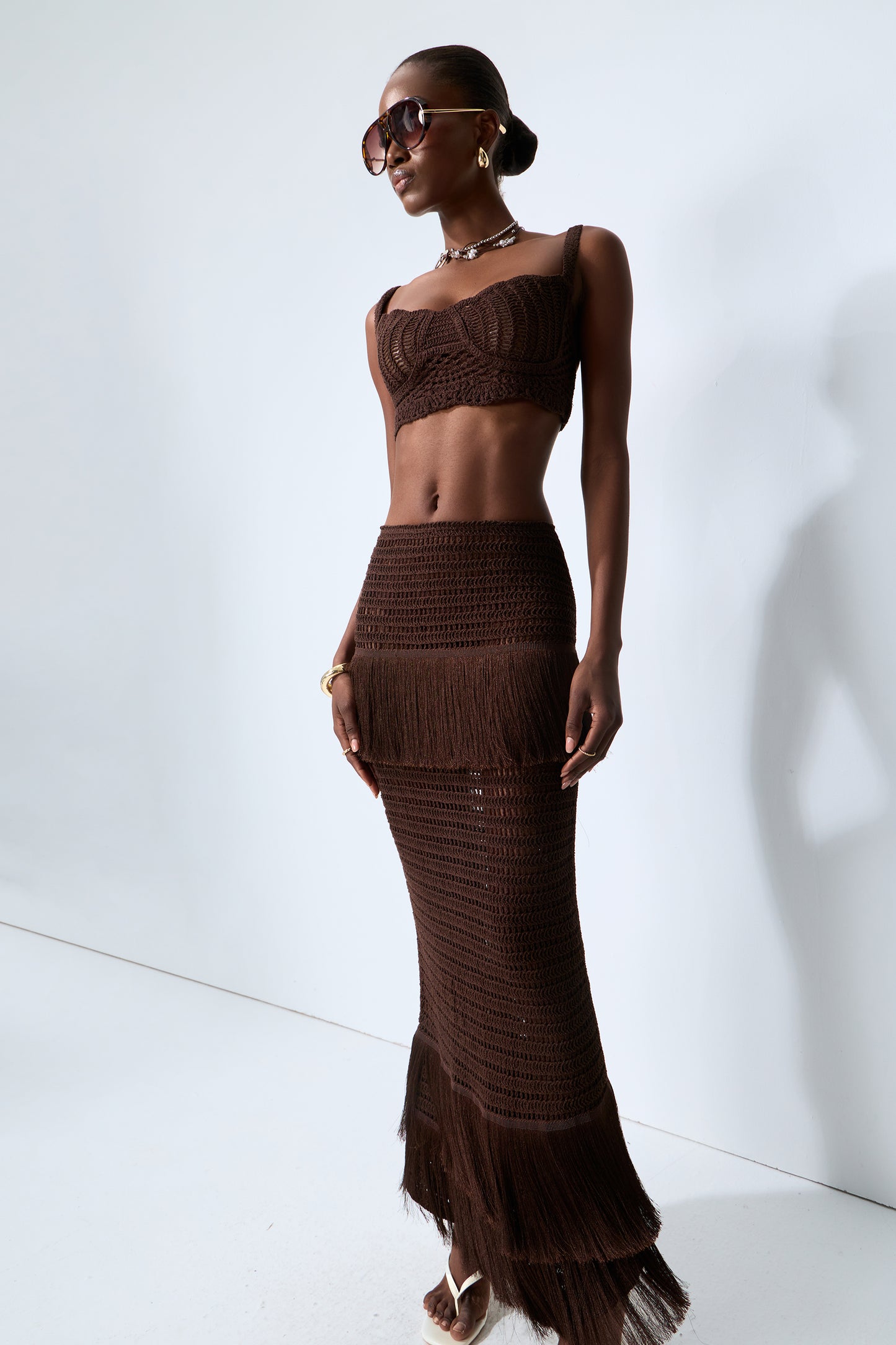 Sunlit Paradise Brown Crochet Knit Top & Fringe Skirt Set