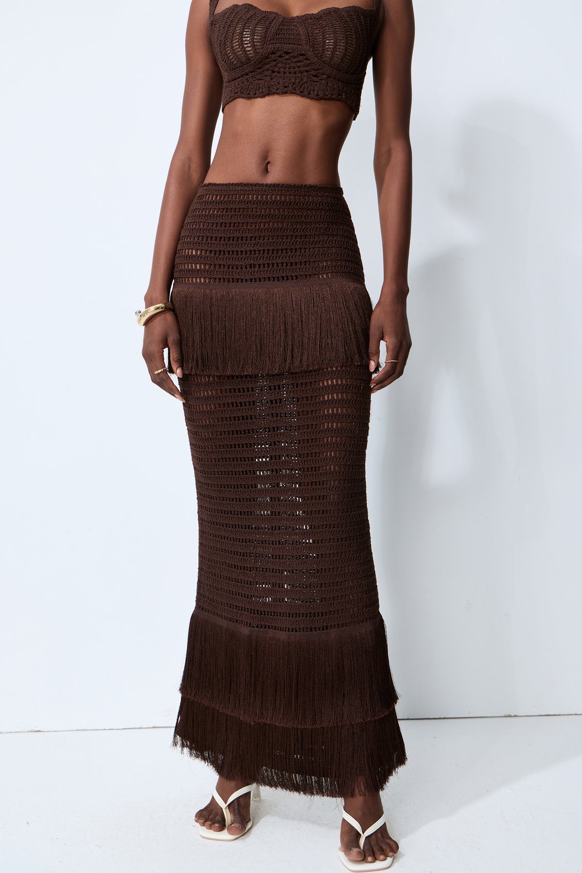 Sunlit Paradise Brown Crochet Knit Top & Fringe Skirt Set