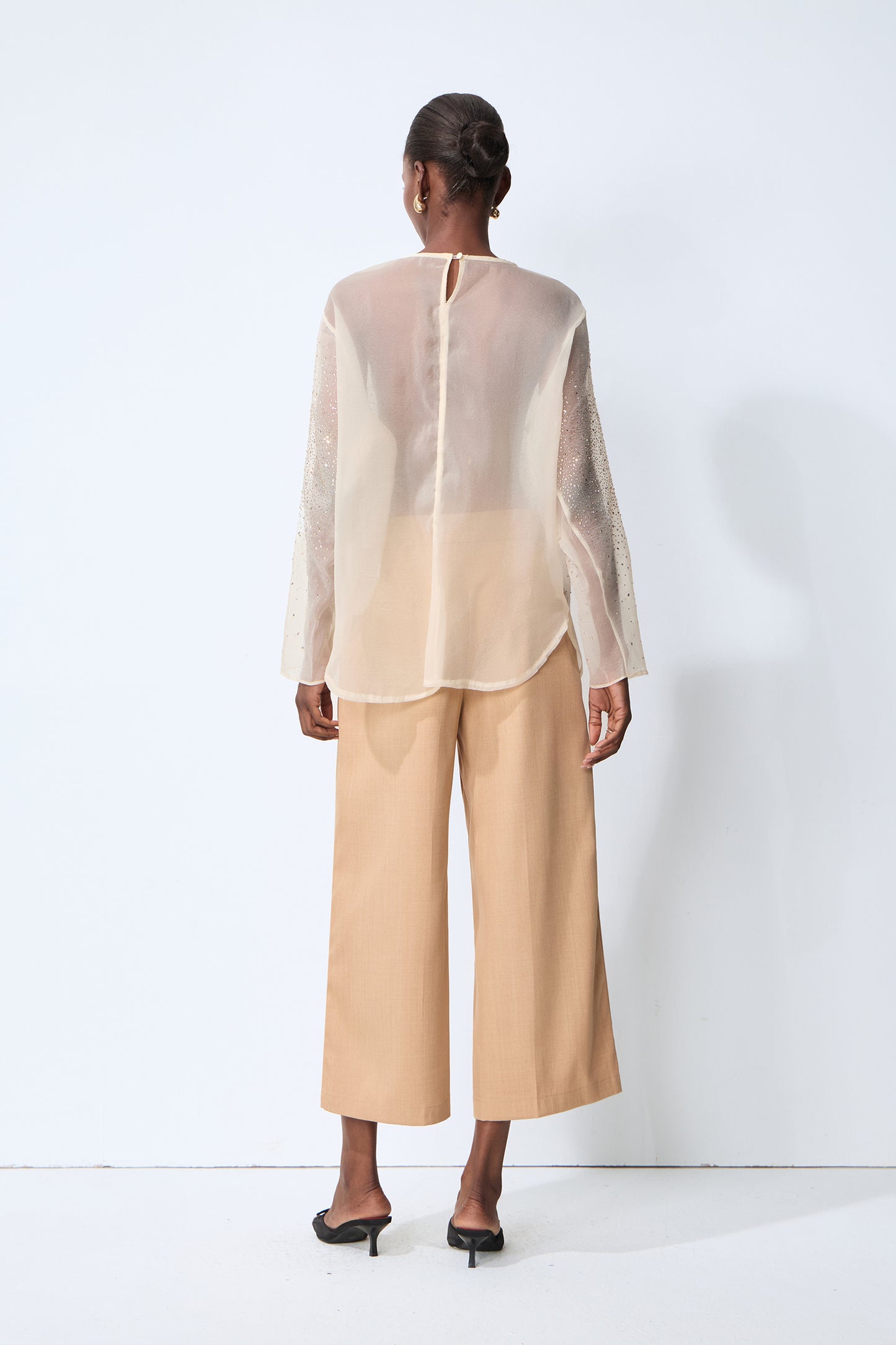 Meet In The City Beige Sheer Crystal Embellished Long Sleeve Top