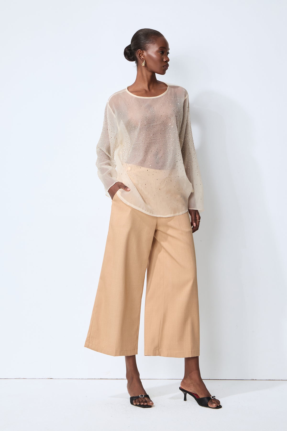 Meet In The City Beige Sheer Crystal Embellished Long Sleeve Top