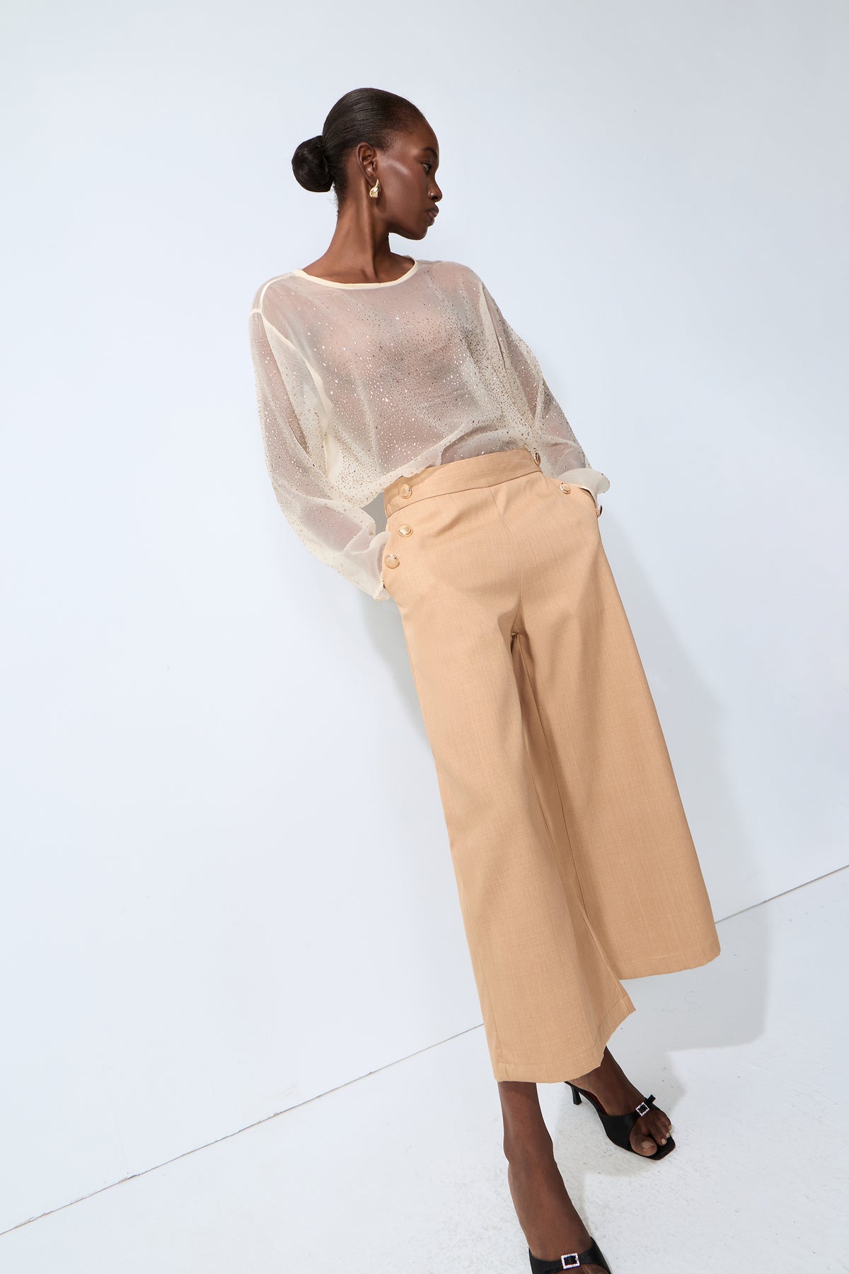 Meet In The City Beige Sheer Crystal Embellished Long Sleeve Top