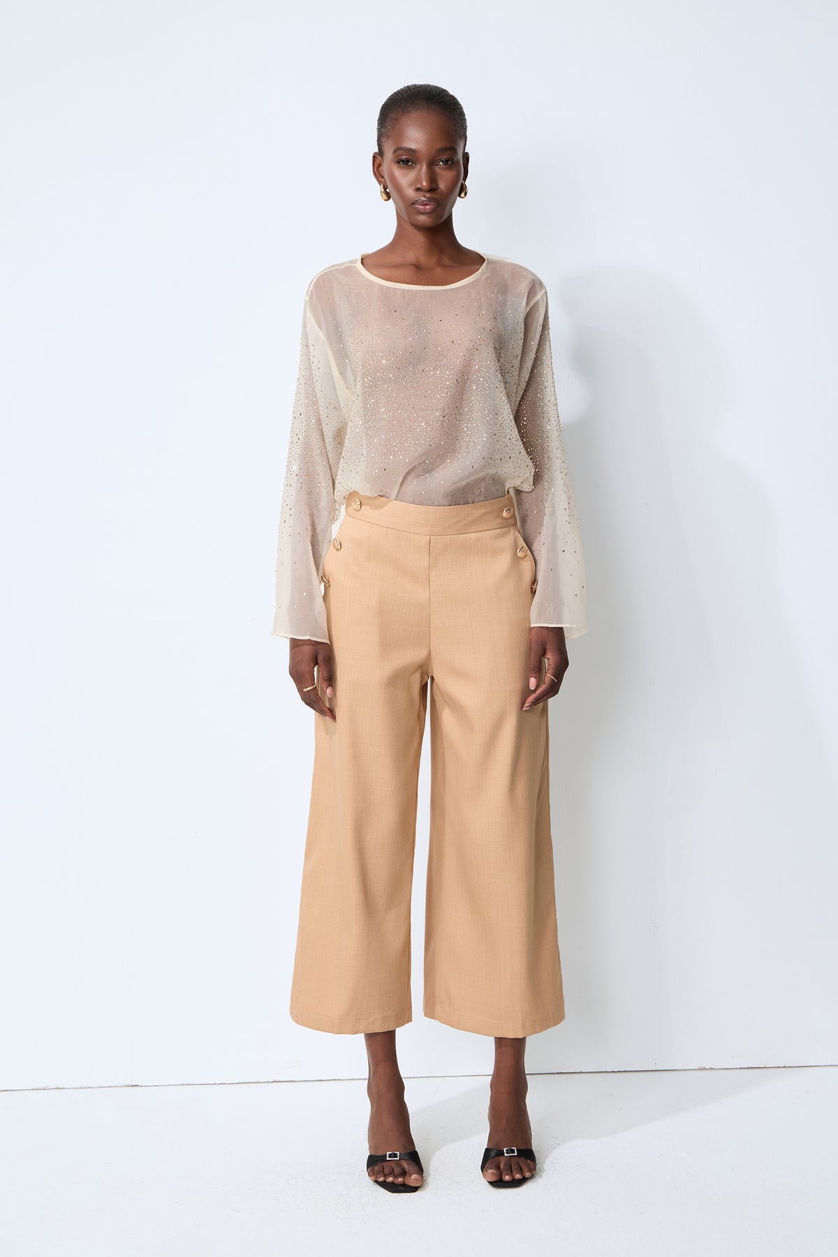 Meet In The City Beige Sheer Crystal Embellished Long Sleeve Top
